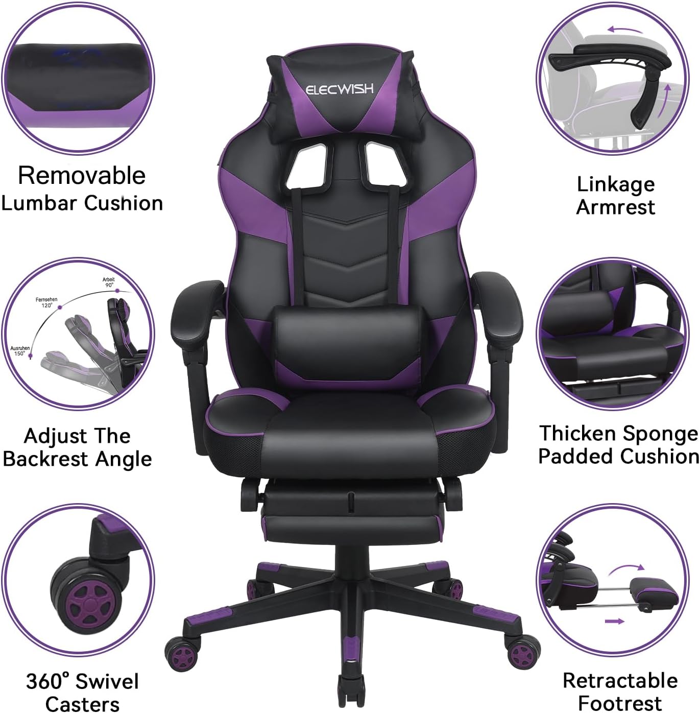 ELECWISH Silla de juegos de computadora con reposapiés, silla de jugador de respaldo alto, tamaño grande, ergonómica, ajustable, giratoria,