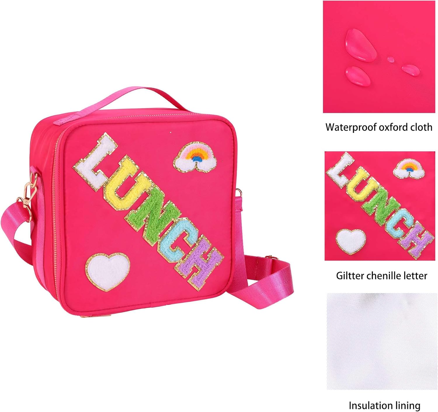 Lonchera personalizada con parches de letras coloridas aisladas, con purpurina, letras universitarias reutilizables para niños (rosa rosa)