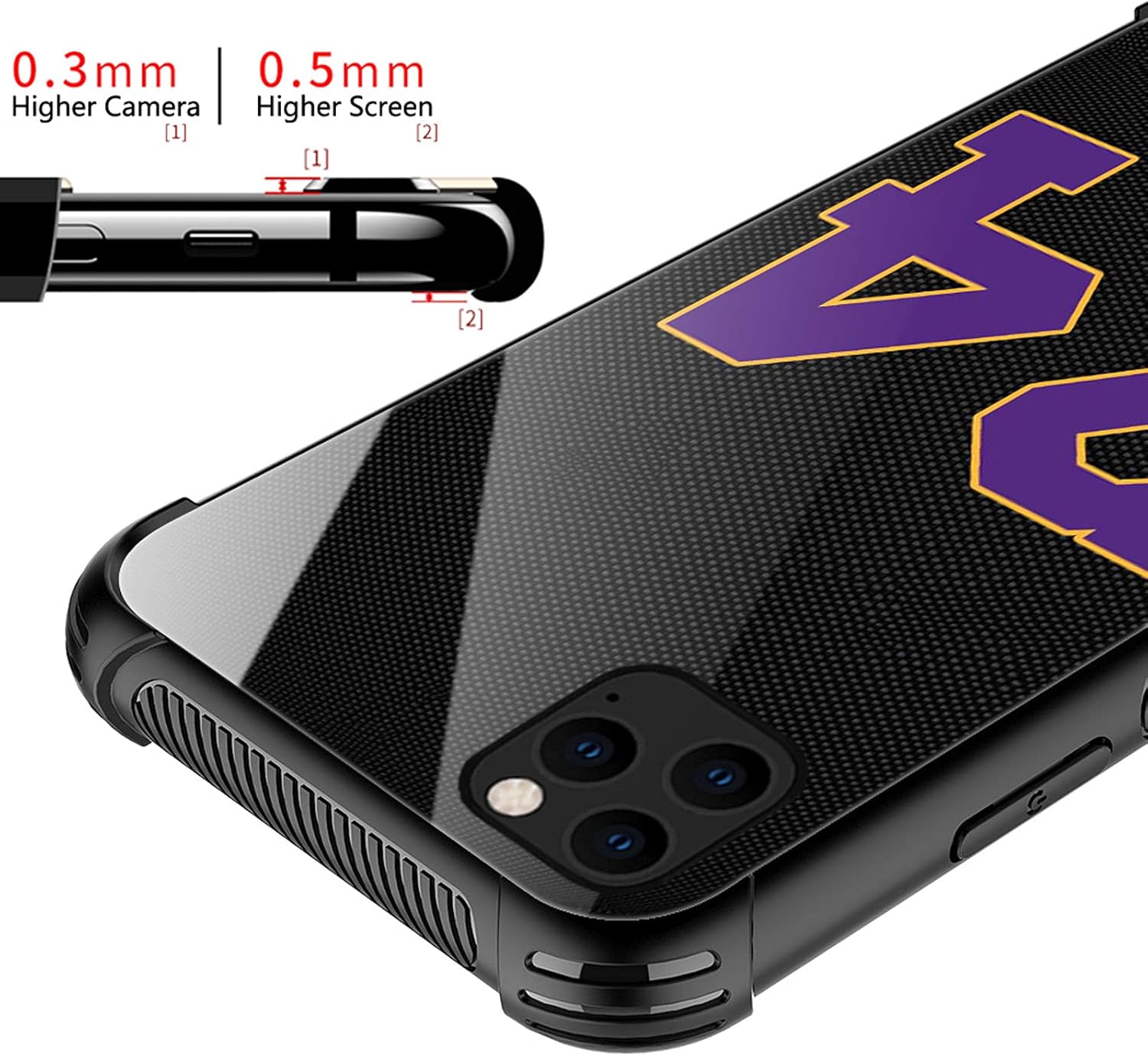 Funda compatible con iPhone 13 Pro Max, color negro, 24 jersey, morado, amarillo, diseño de patrón increíble, a prueba de golpes, antiarañazos,