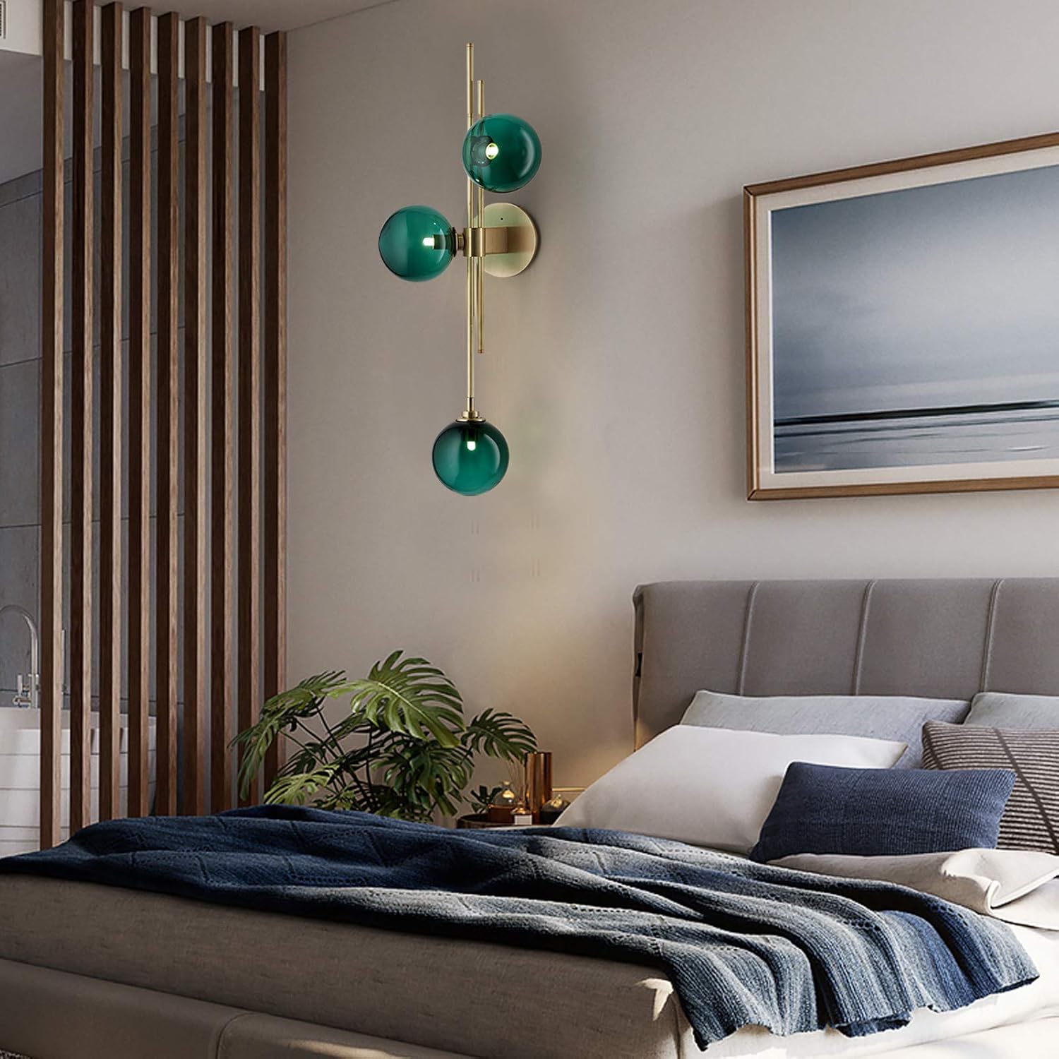 Aplique de pared moderno de mediados de siglo, 3 luces de globo de vidrio, elegante lámpara de pared decorativa de vidrio verde transparente para