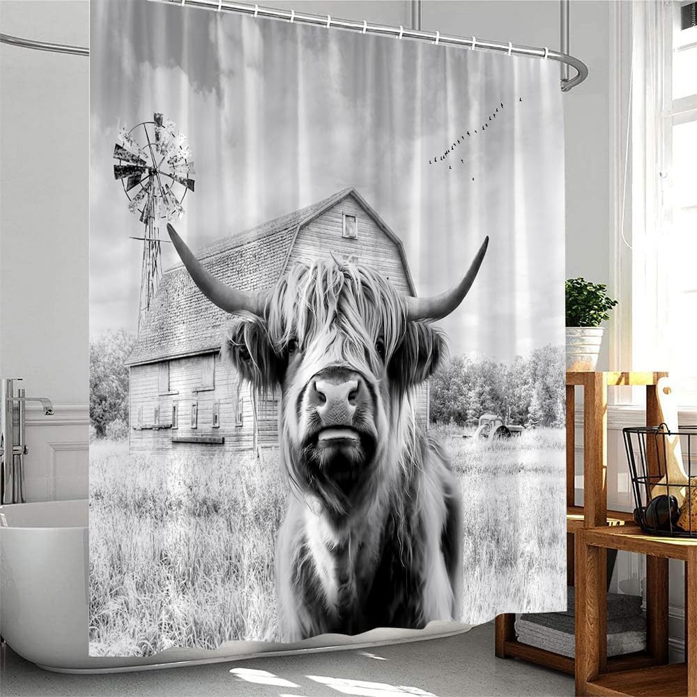 Highland Cow Western – Cortina de ducha rústica con diseño de animales de granja, molino de viento antiguo, vida silvestre, toro, granja, juego de