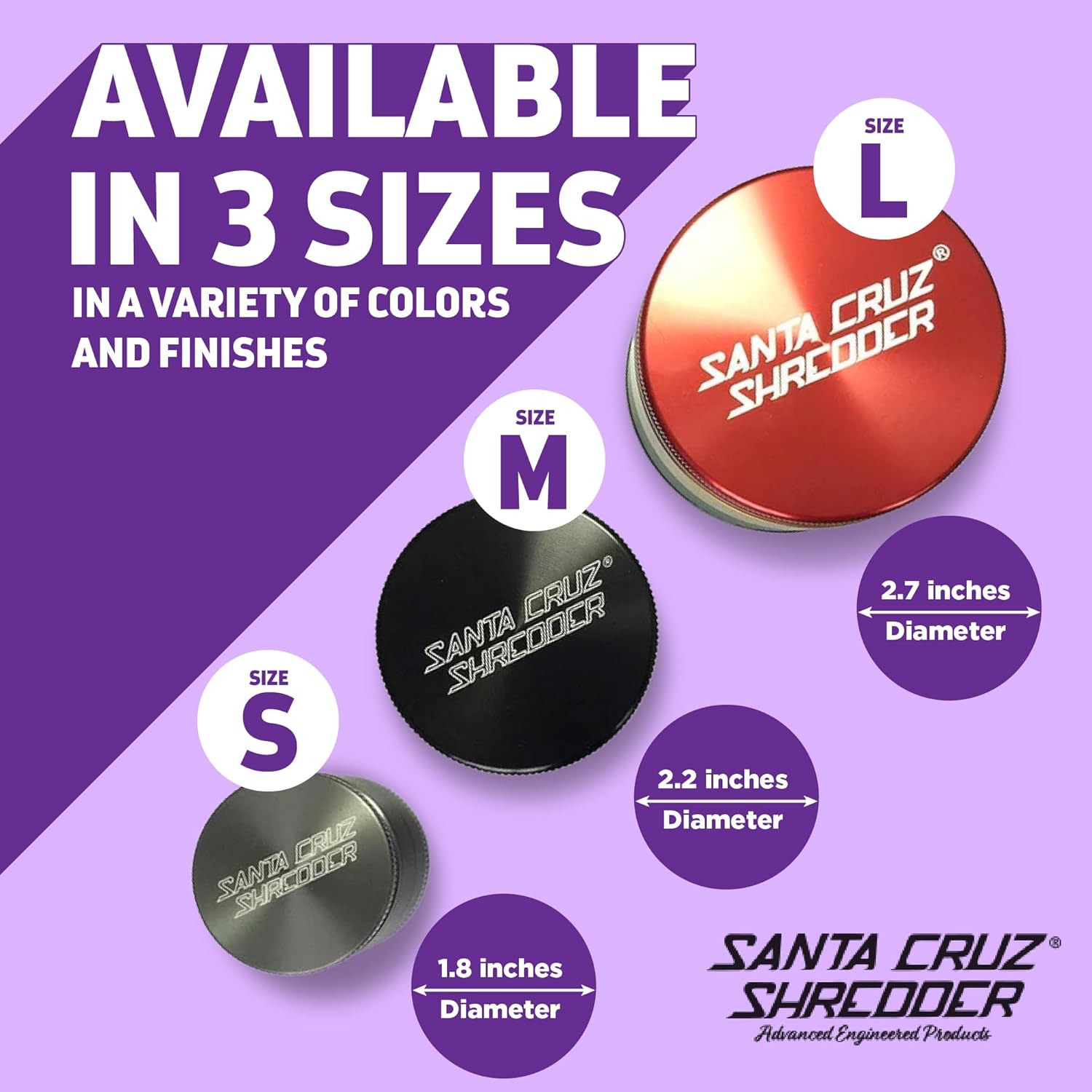 Santa Cruz Shredder Molinillo de hierbas de metal con parte superior moleteada para un agarre más fuerte, 3 piezas, grande de 2.7 pulgadas (morado)