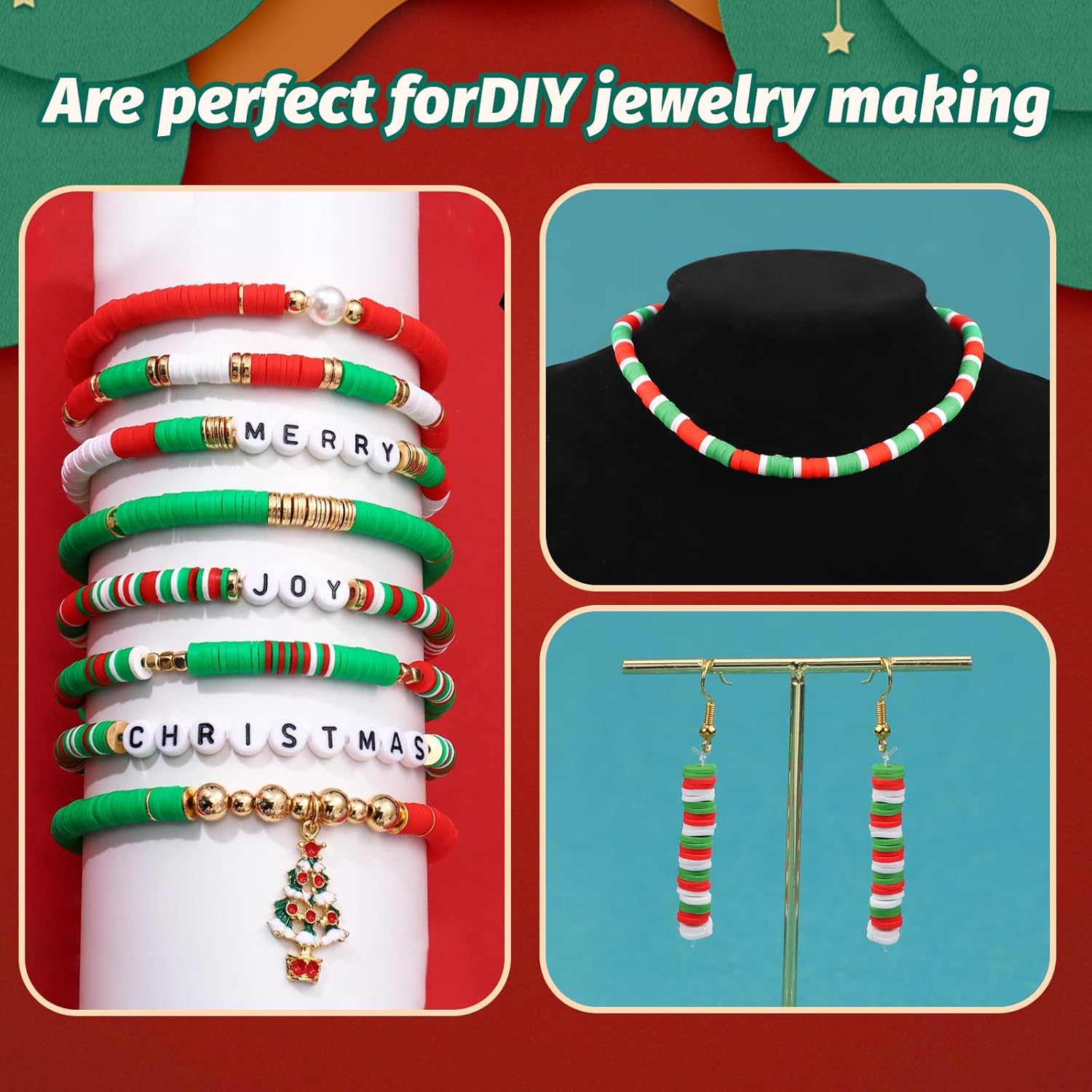 Kit de fabricación de pulseras de arcilla navideña para principiantes con 4500 piezas de cuentas Heishi planas de polímero blanco, rojo y verde,