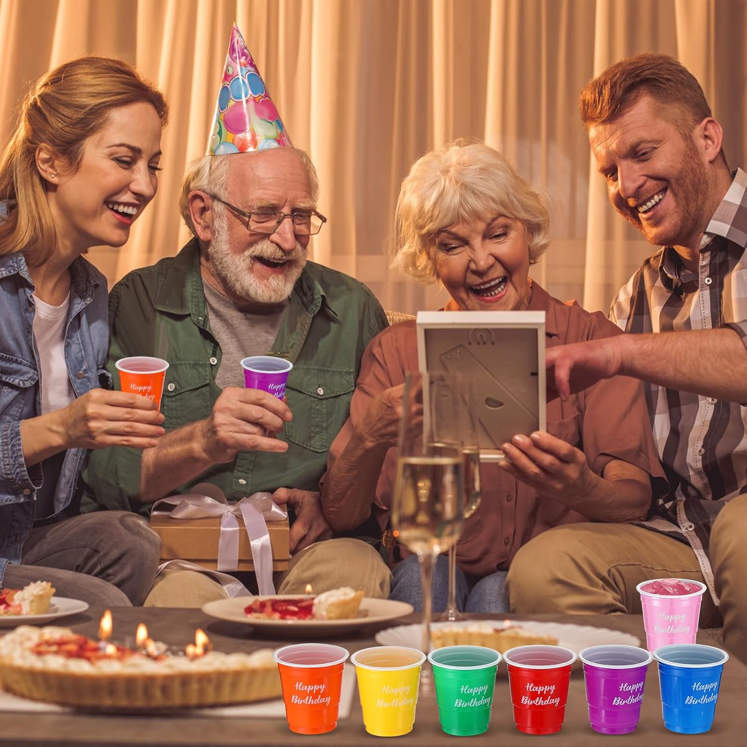 Suttmin 100 vasos de chupito de plástico de 2 onzas, vasos de chupito desechables multicolor, mini vasos para celebrar cumpleaños, tazas de alegría
