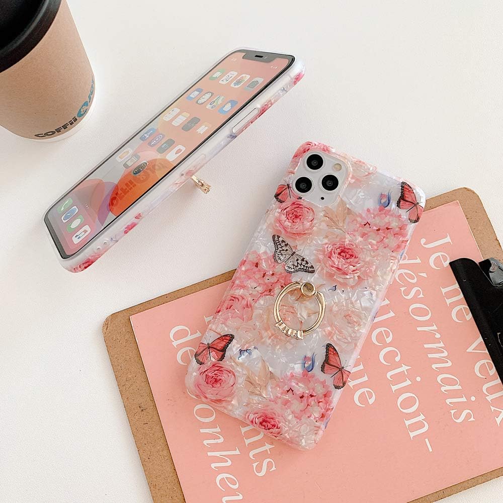 Qokey Funda para iPhone Xs Max, funda transparente con diseño de flores, linda moda para mujeres y niñas, con soporte de anillo giratorio de 360