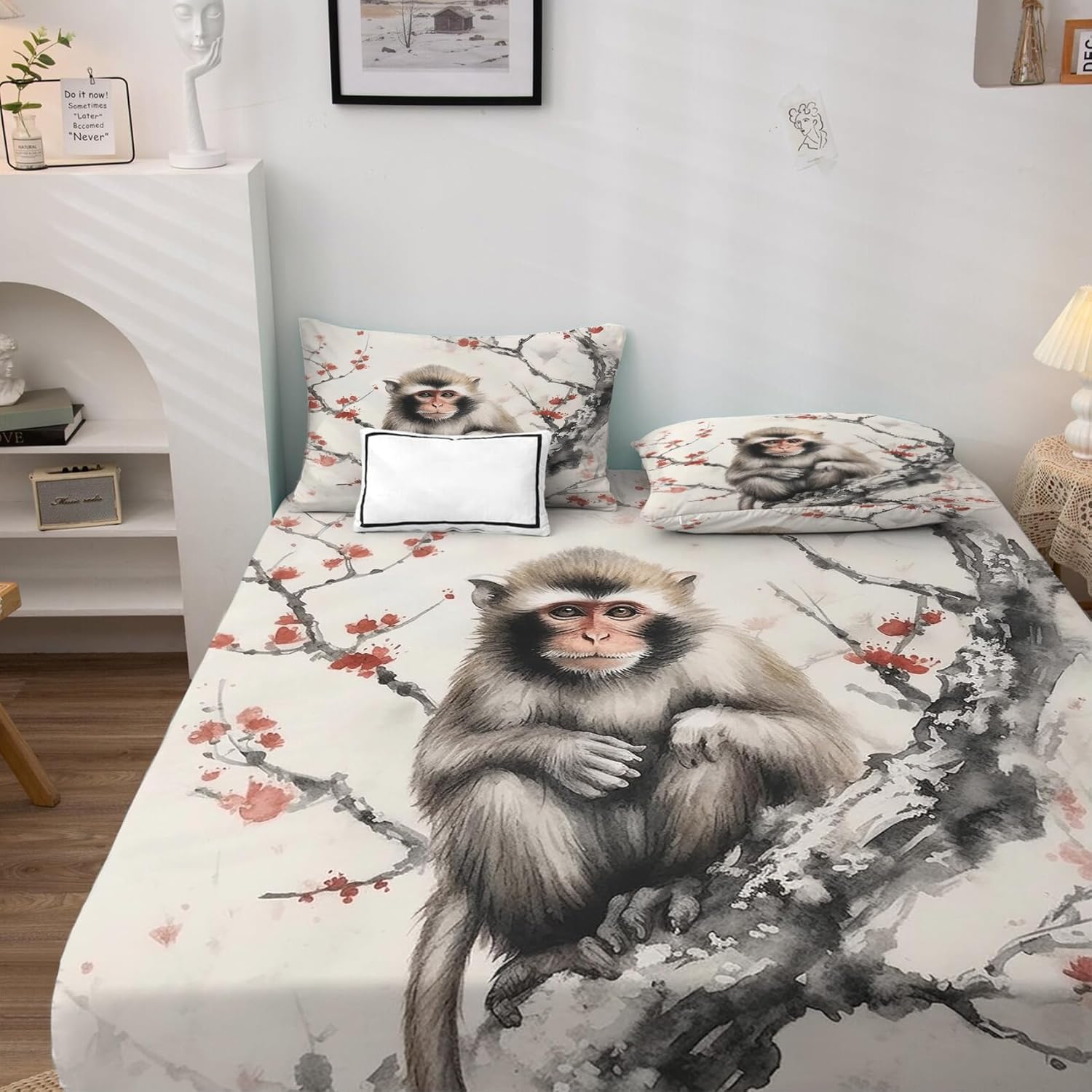 Sábanas de mono, tamaño King, sábanas de cama con estampado de flor de cerezo, sábanas y fundas de almohada de 4 piezas, sábana bajera ajustable de