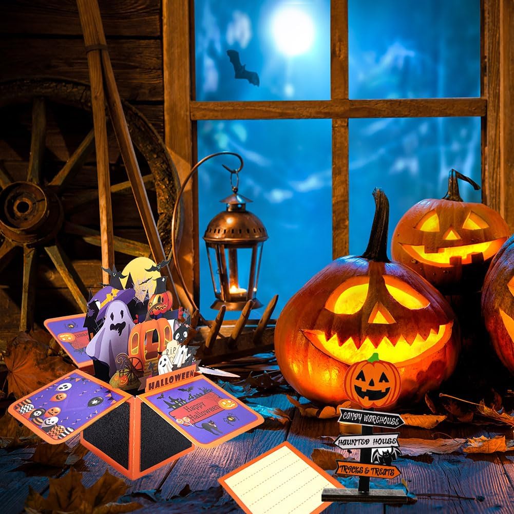 Tarjeta desplegable de Halloween, 3D de casa encantada, fantasma, calabaza, tarjetas para fiesta de Halloween con sobres, etiqueta de notas y