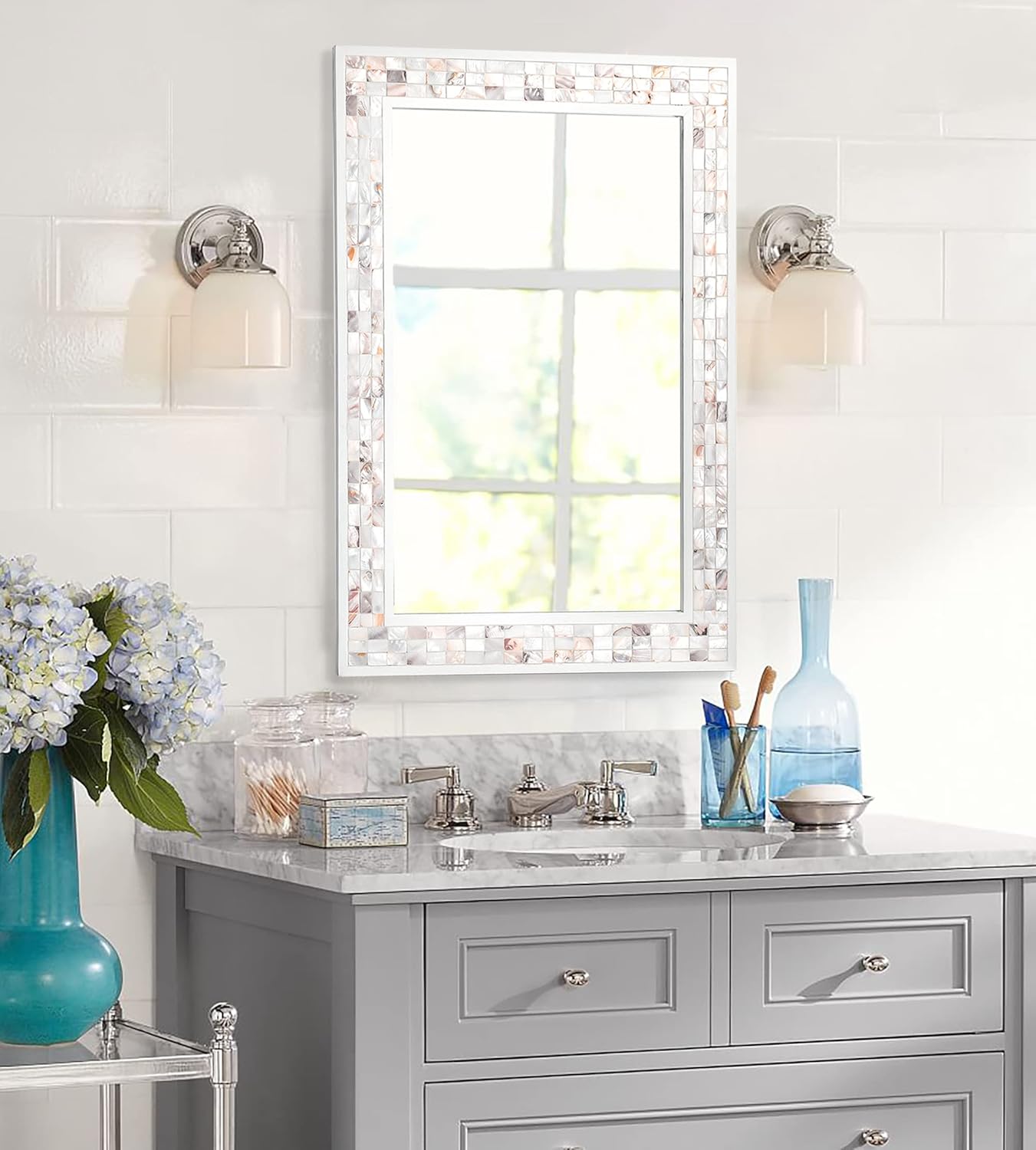 Espejo de mosaico para pared de 24 x 36 pulgadas, espejo de pared rectangular con incrustaciones de nácar natural, espejo de vidrio templado