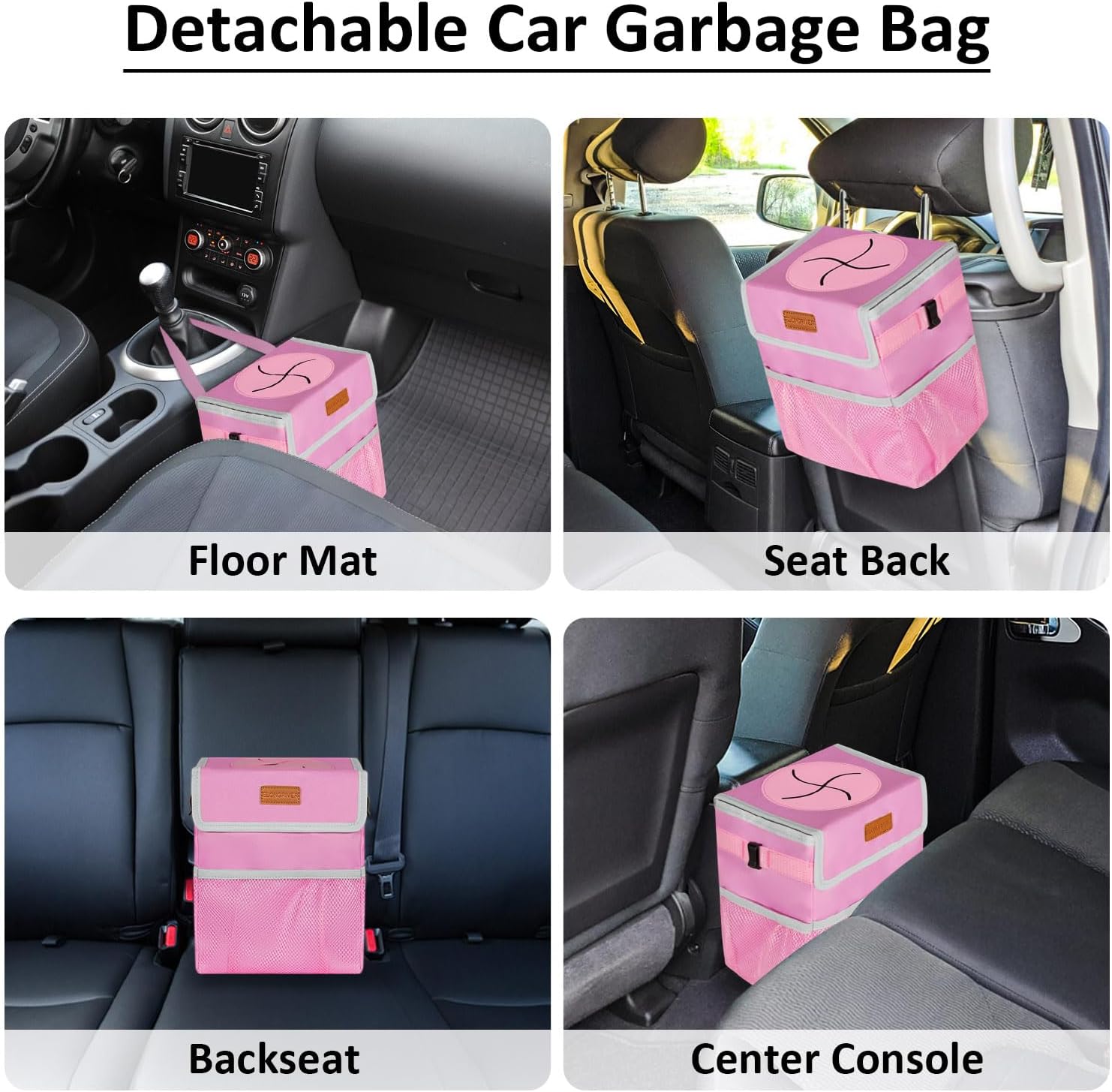 Basurero de coche para SUV, camiones, camionetas, color rosa, capacidad de 2 galones, forro a prueba de fugas, cierres de utilidad, bonito diseño