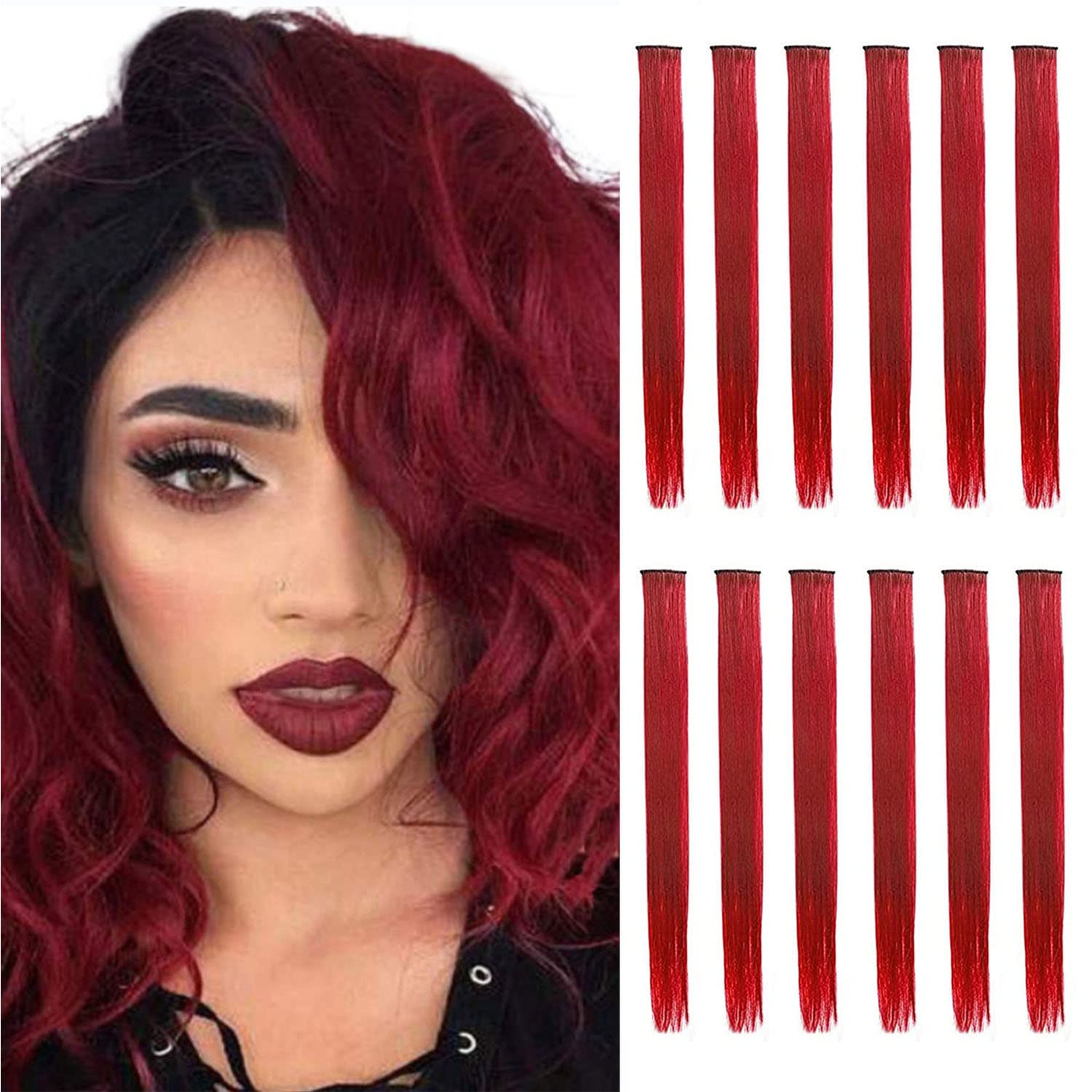 Extensiones de cabello de colores con clip, 21 pulgadas, lacio, colorido para mujer, fiesta, Navidad, cumpleaños (clareto), 12 unidades