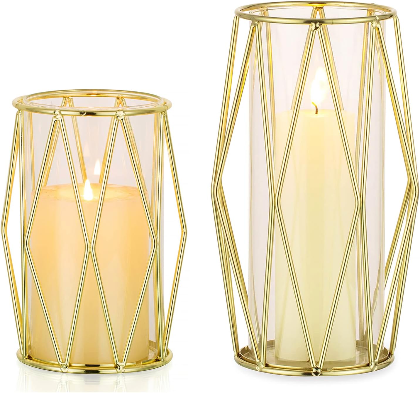 Nuptio Portavelas para velas de pilar, candelabros geométricos, jarrón dorado con cilindro de huracán de vidrio, doble uso para boda, fiesta de