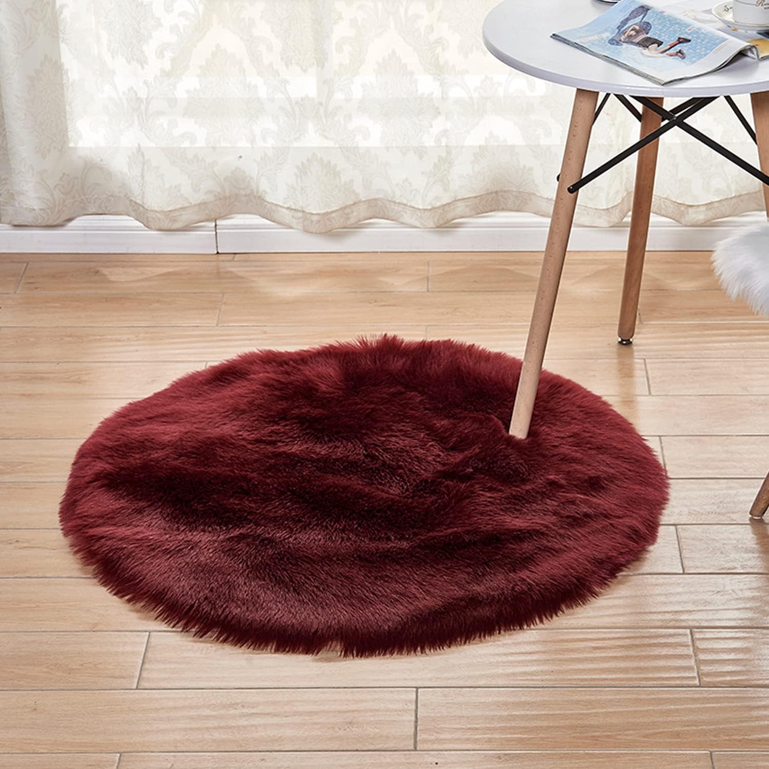 Alfombra redonda de piel de oveja sintética, suave y lanuda. Alfombra mullida para el hogar, decoración de dormitorio, Burgundy
