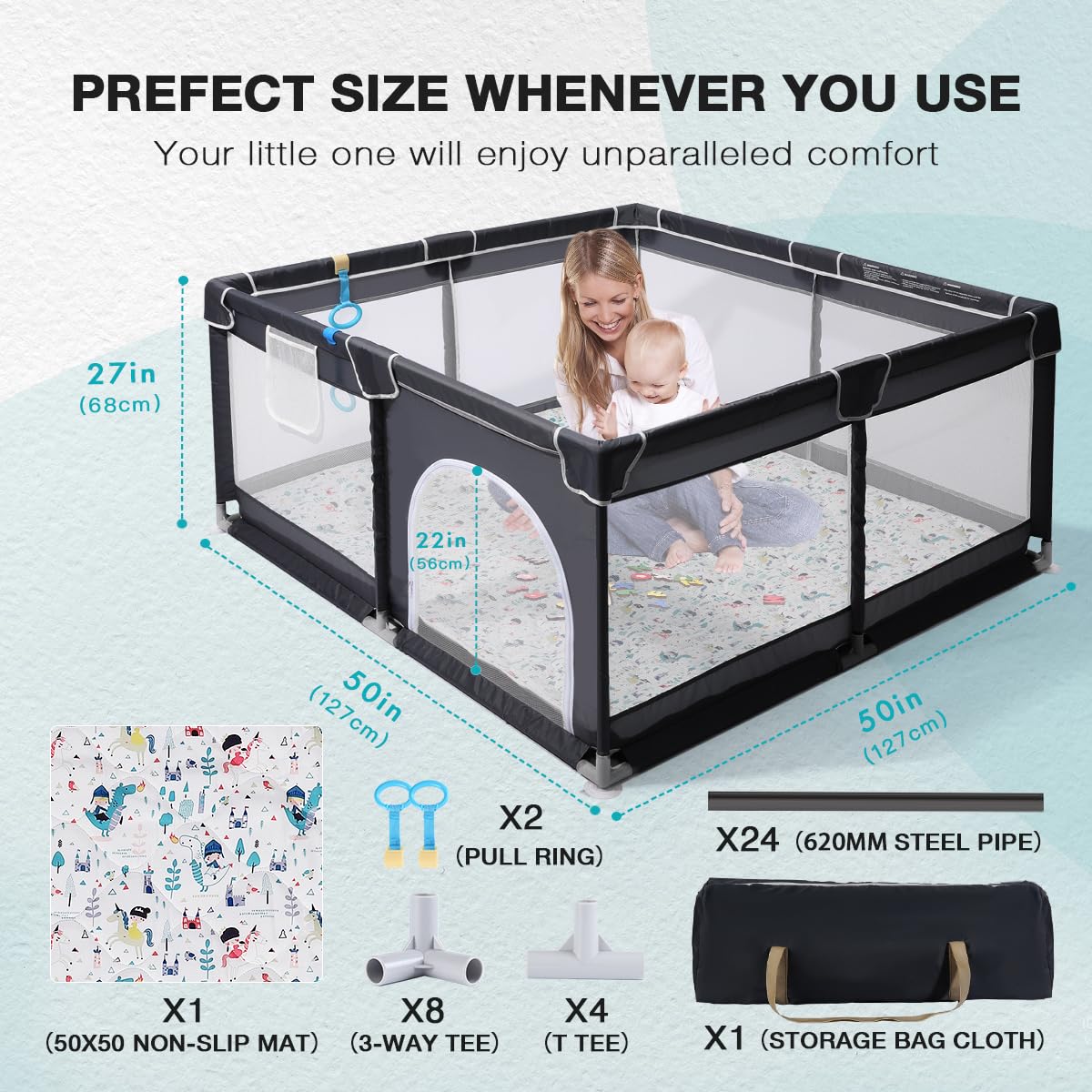 Corralito con tapete suave, corralito seguro para bebés y niños pequeños, patio de juegos fácil de instalar con alfombra, pasador de juego