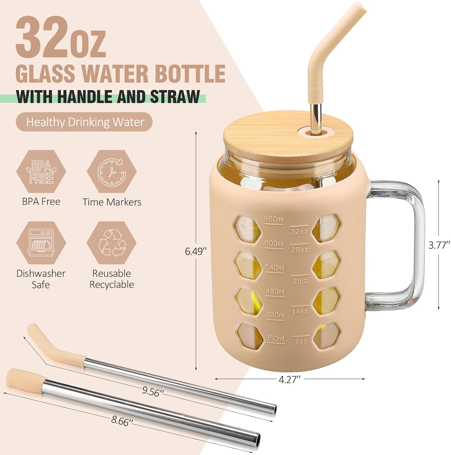 MUKOKO Vaso de vidrio de 32 onzas con tapa de bambú y pajilla, botellas de agua de vidrio con marcador de tiempo, taza de café helado con asa, dos