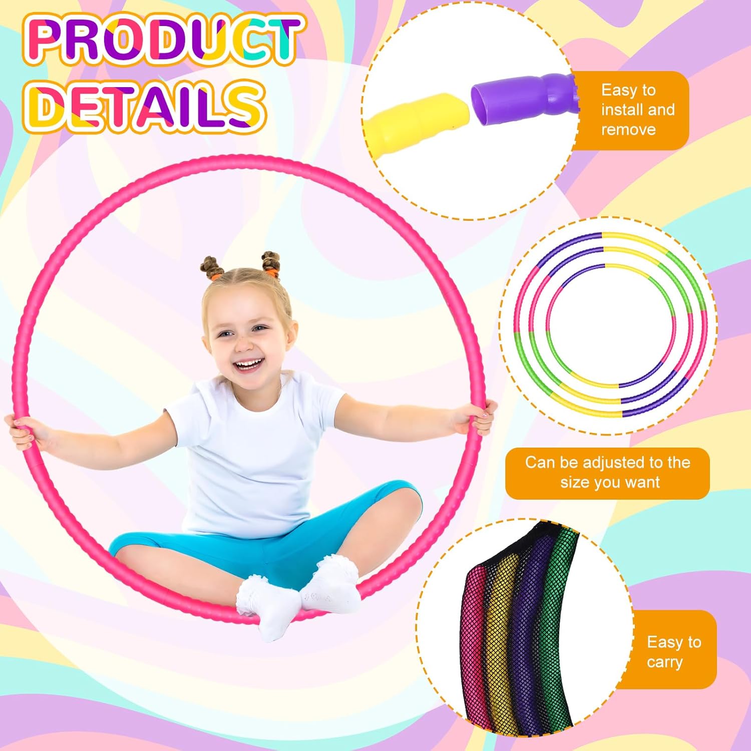 Sratte 12 aros de juguete para niños, aro de juguete desmontable ajustable de color, aro de ejercicio, círculos de plástico para niños,