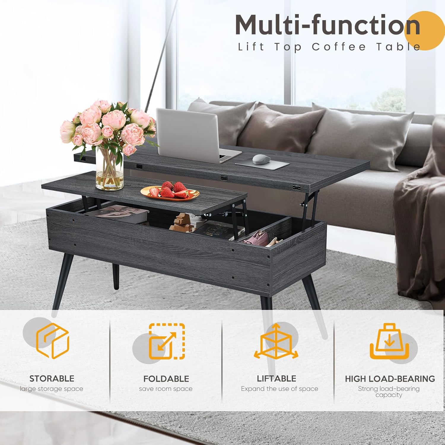 Mesa de centro elevable de 41.7 pulgadas, mesa de elevación multifunción 3 en 1 con almacenamiento, mesa de centro se convierte en mesa de comedor