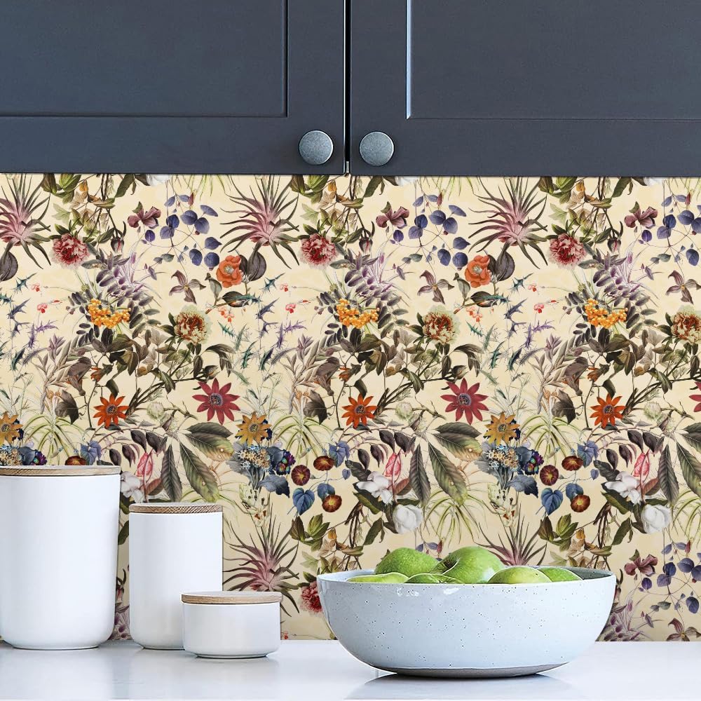 Papel tapiz autoadhesivo de 18 x 236 pulgadas, diseño bohemio de flores silvestres y hojas, papel de contacto extraíble para despegar y despegar,