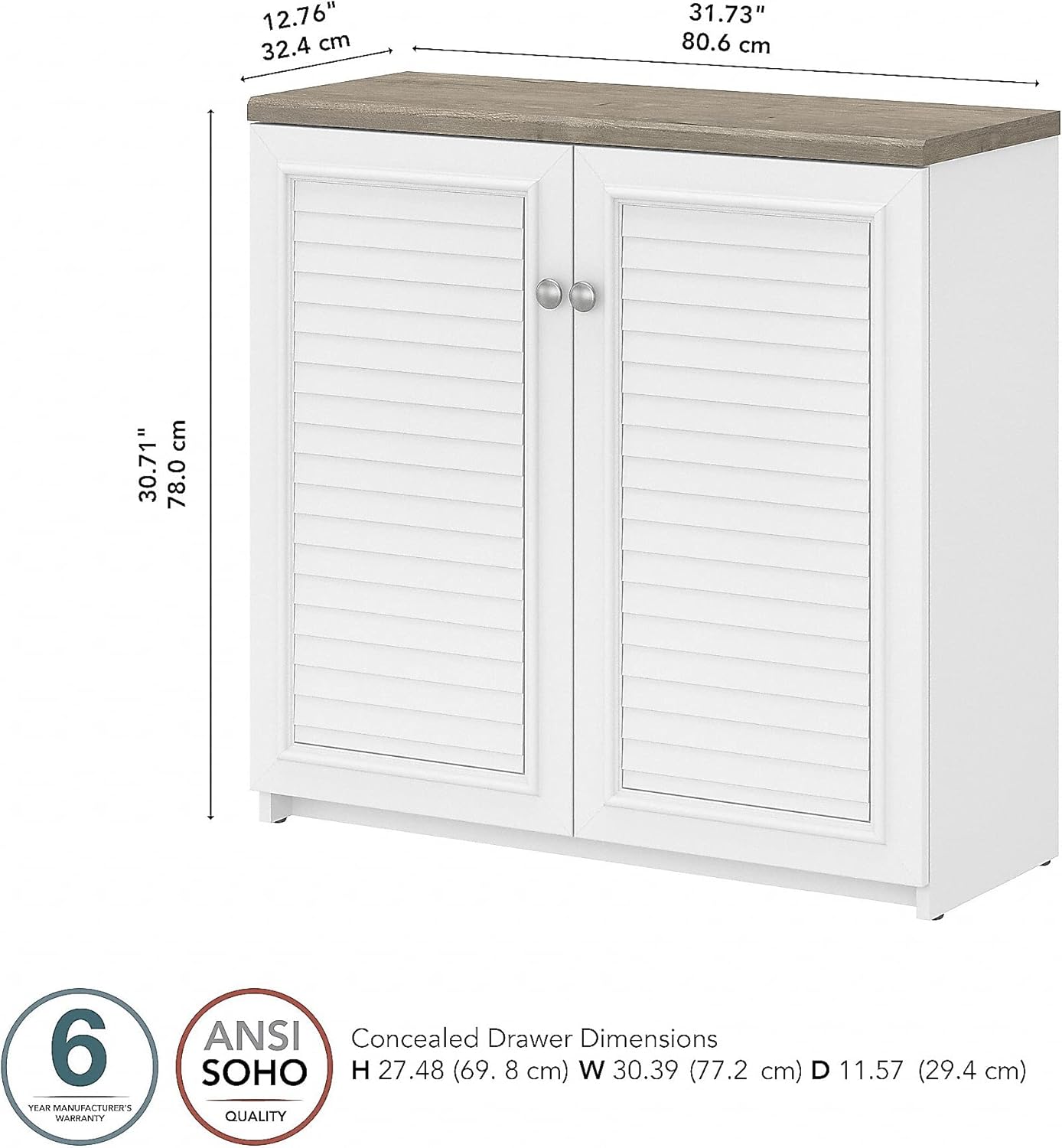 Bush Fairview – Armario de almacenamiento pequeño de 30.71 pulgadas con 3 estantes, gris Shiplap grisblanco puro (WC53696-03)