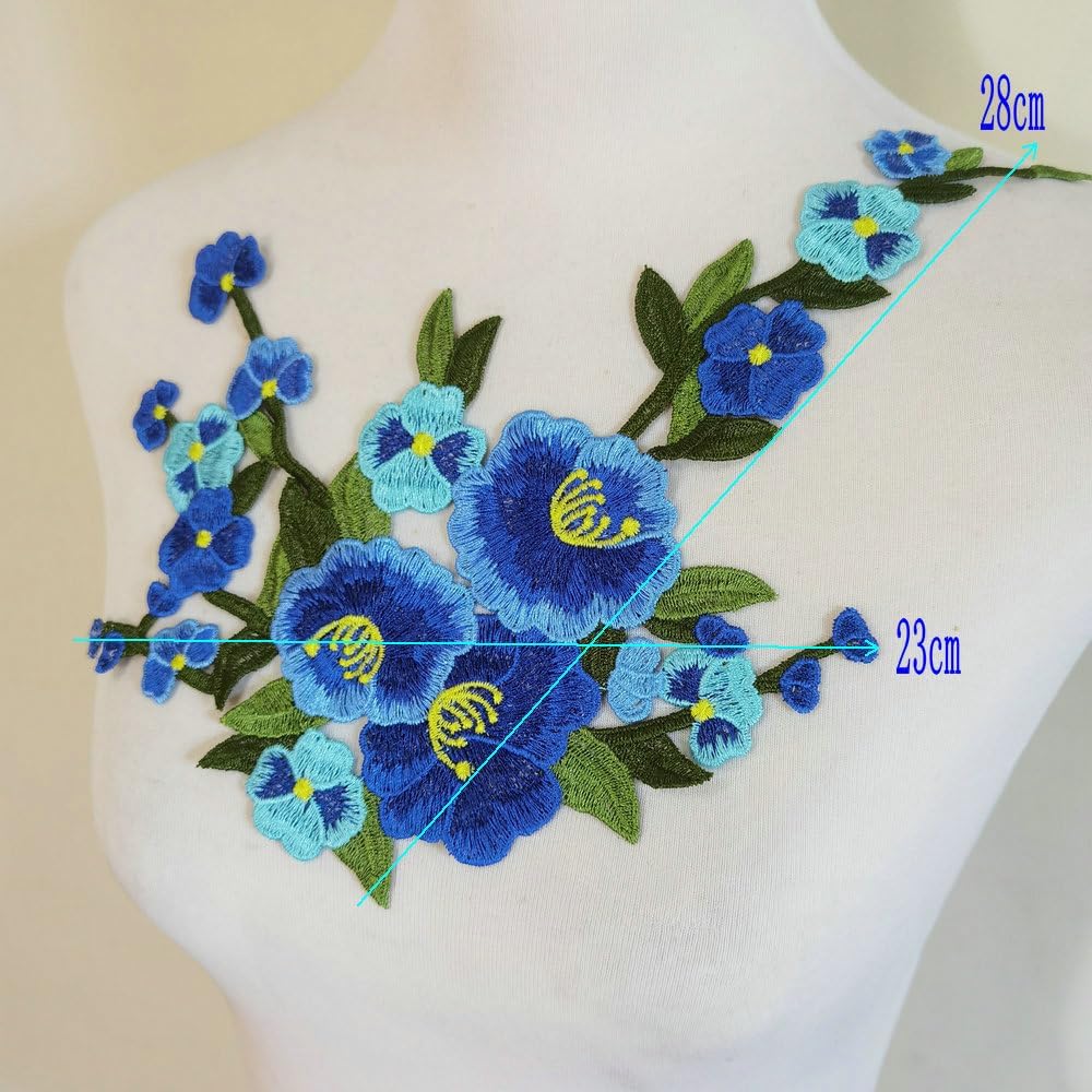1 juego (3 piezas) de parches de bordado de flores Sakura de membrillo azul para coser en apliques