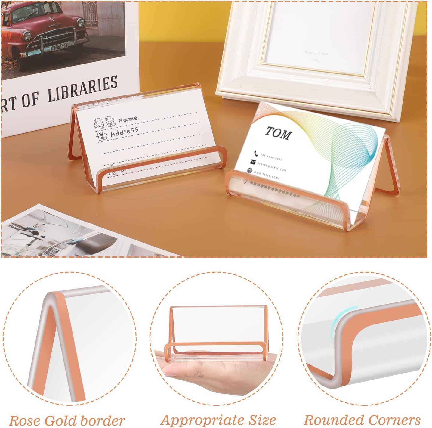 BESARME 4 piezas de soporte para tarjetas de visita de color oro rosa para escritorio, soporte de acrílico moderno para tarjetas de visita de