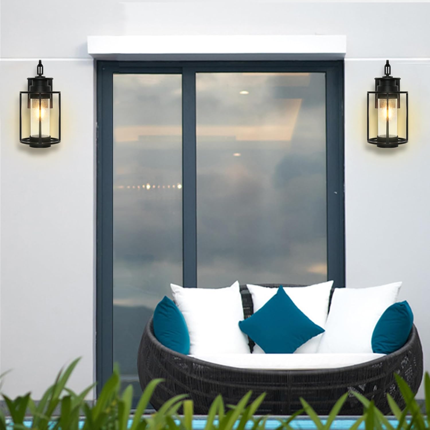 MONKFISH Lámpara de pared negra para exteriores con pantalla de cristal de burbujas, buena lámpara para porches, jardines, terrazas, garajes,
