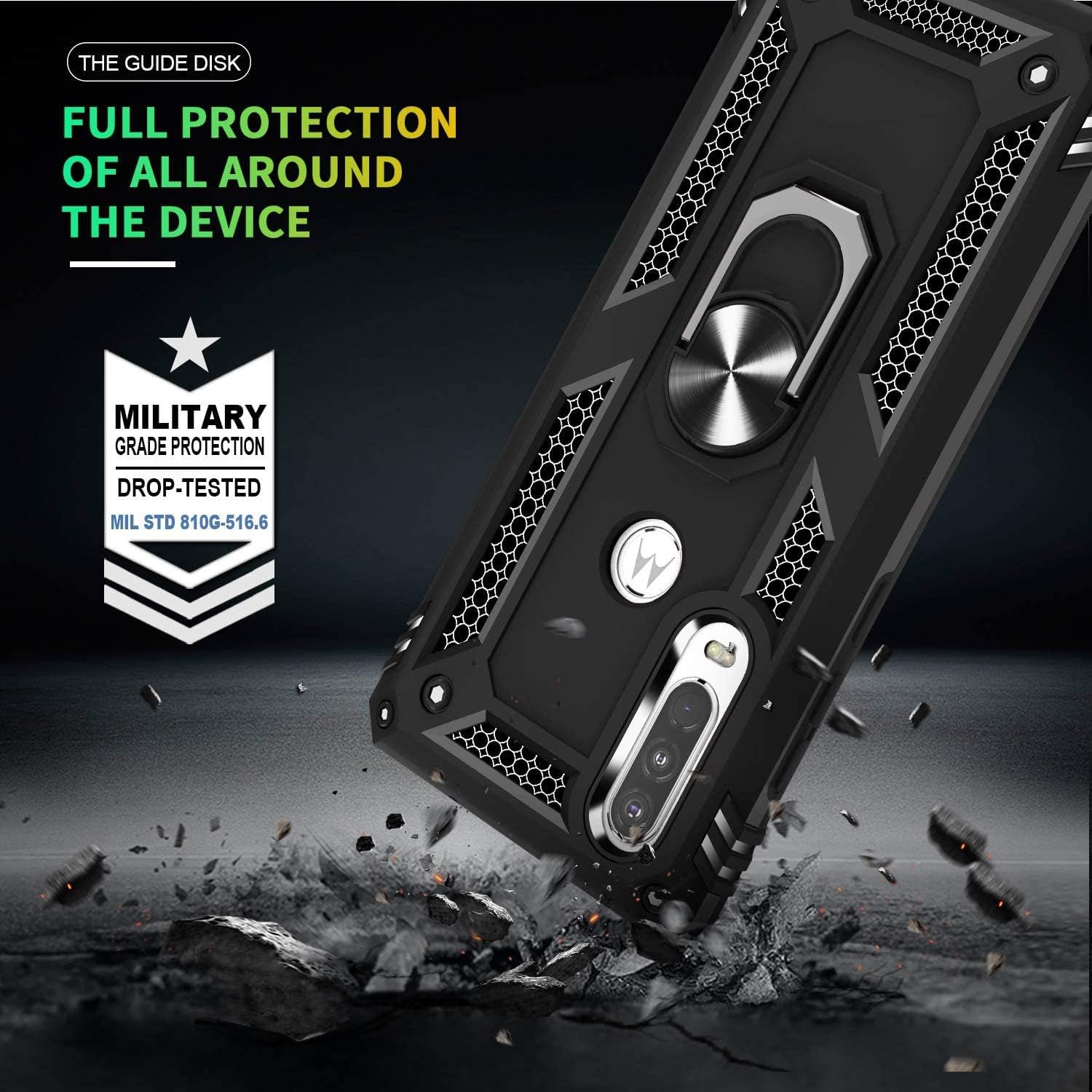 Funda para Motorola Moto P40 PowerMoto One Action, 360 grados con anillo giratorio con función atril híbrida resistente de doble capa a prueba de