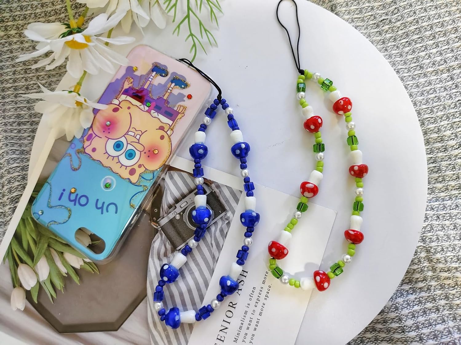 1  2 unidades de cordón con cuentas de hongos azulrojoverde para teléfono, accesorios estéticos, correa de muñeca dulce, cadena antipérdida para