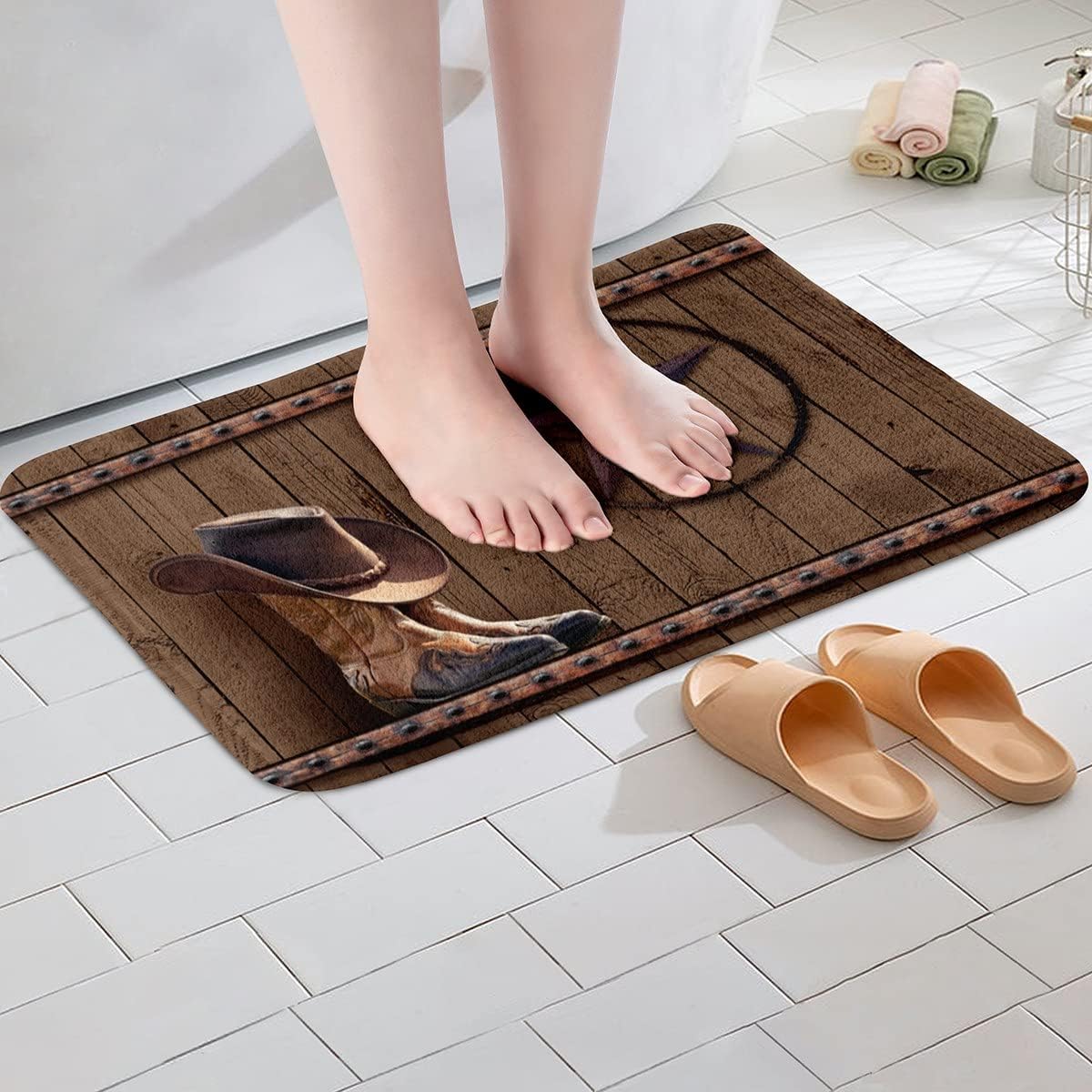 Western Decor – Alfombra de baño de poliéster para niños y niños, botas vaqueras, sombrero de forro polar suave, alfombra vintage marrón con