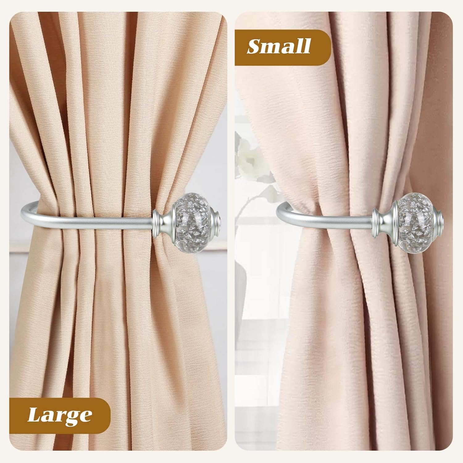 Paquete de 2 soportes plateados para cortinas, alzapaños decorativos para cortinas, ganchos para pared con remates translúcidos (6.1 pulgadas de