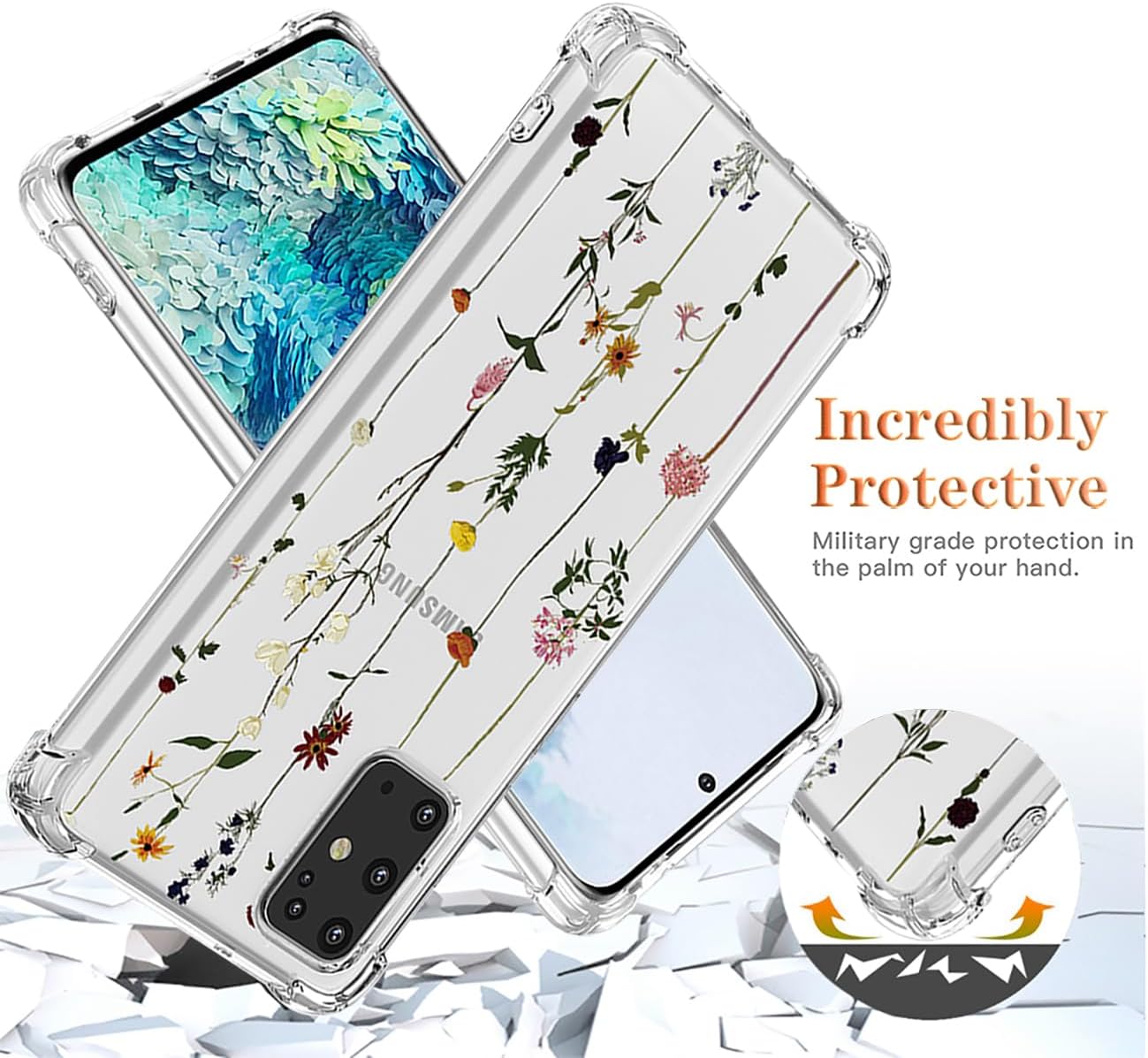 Funda de teléfono para Galaxy S20 5G, Samsung S20 SM-G981U, funda transparente con patrones de jardín de flores, funda protectora para Samsung