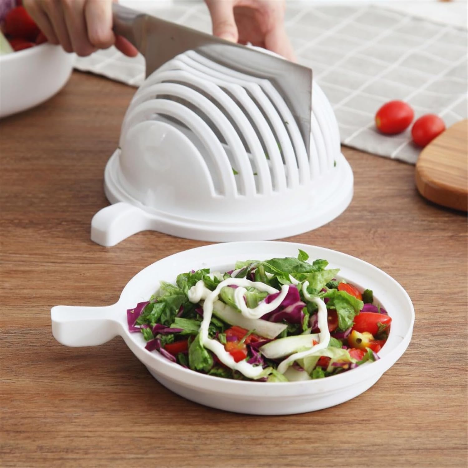 Cuenco cortador de ensalada, tazón picador de ensalada, juego de corte de verduras y frutas, cuenco de drenaje de verduras, cortador de ensalada de