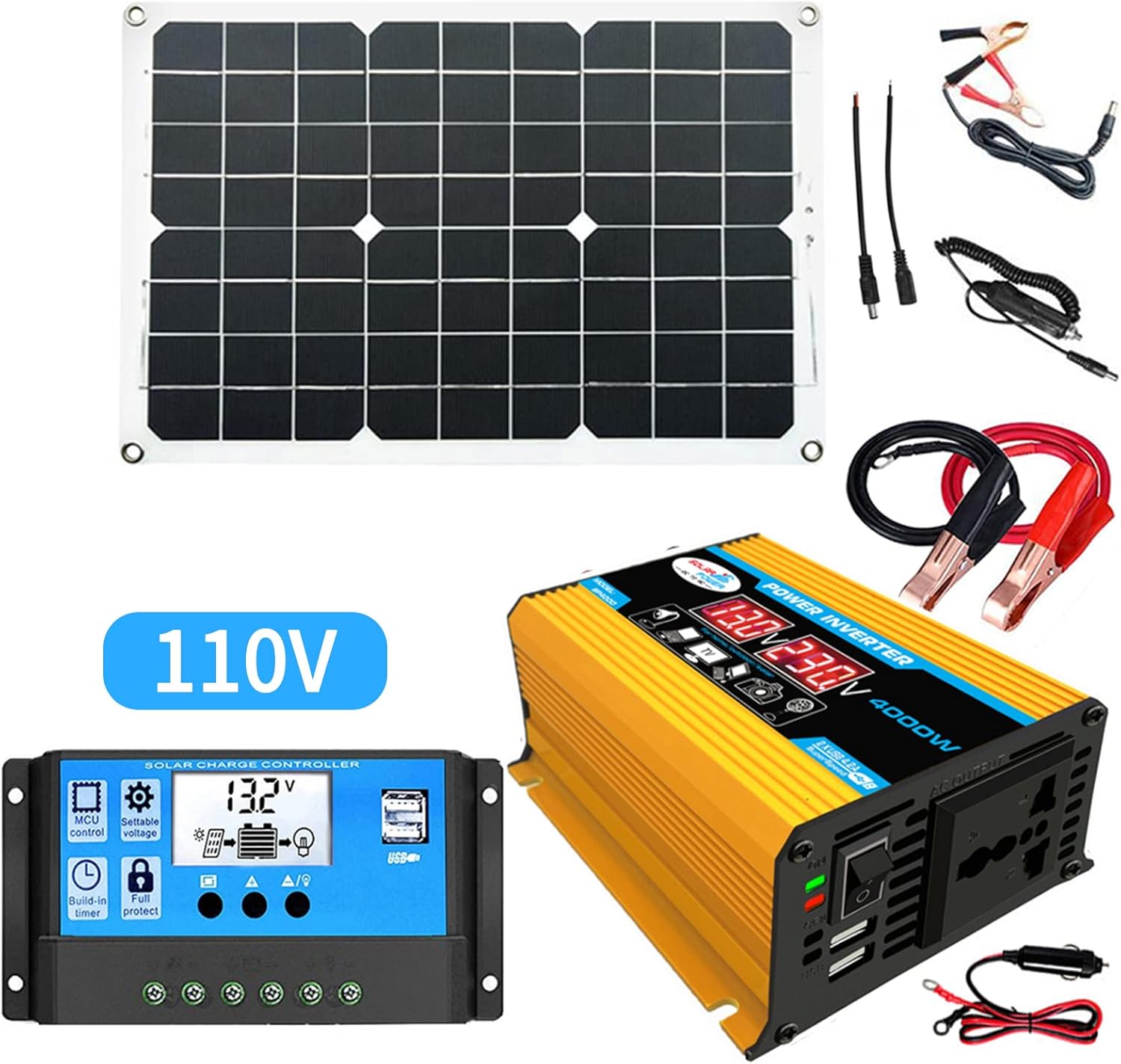 Weytoll Sistema de panel solar de 18 V, 20 W, panel solar, controlador de carga de 30 A con kit de inversor solar de automóvil USB dual, fuente