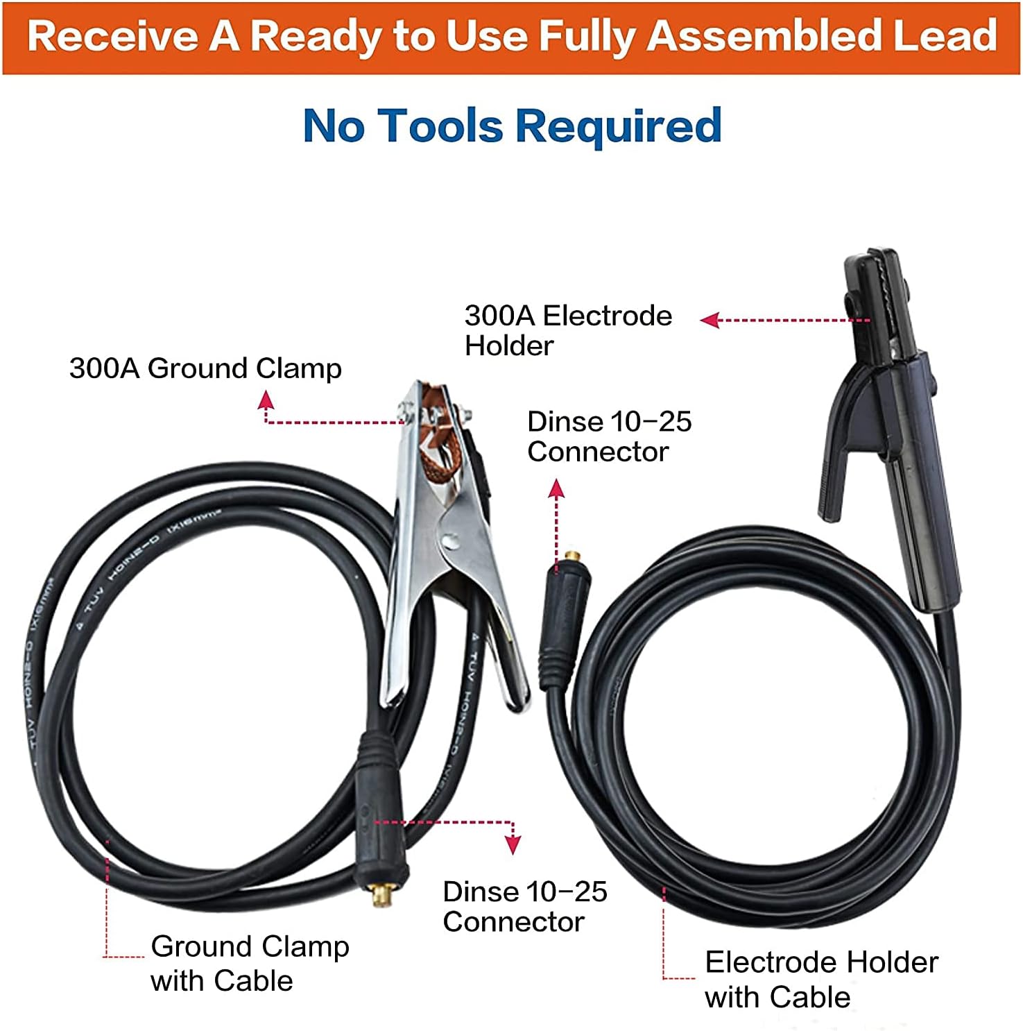 300A 16 Cable de aluminio revestido de cobre Dinse 10-25 Conector Enchufe de soldadura Cables Conjunto de ensamblaje de 9.8 pies Soporte de