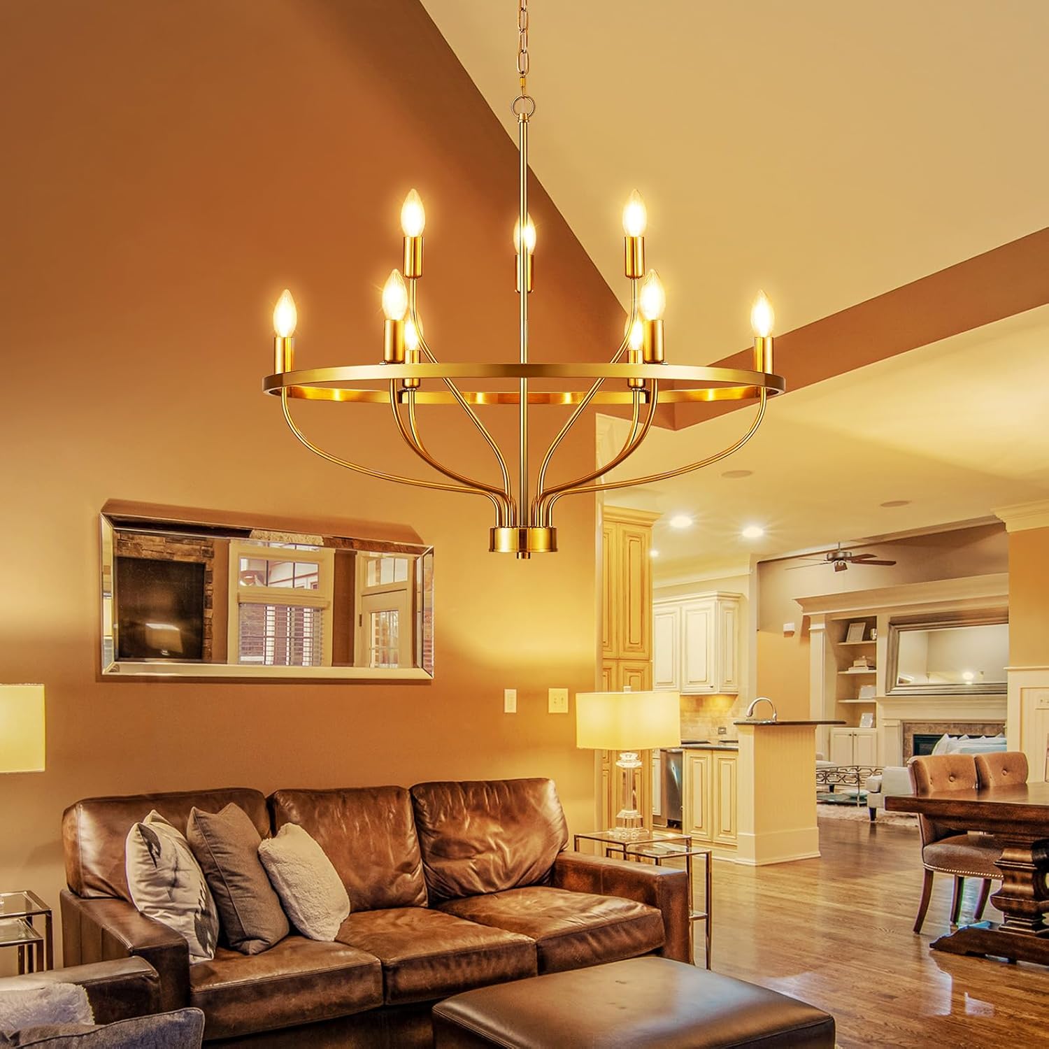 Moderno candelabro dorado de 9 luces, estilo vintage, de mediados de siglo, 30 pulgadas, estilo vela, moderno, rústico, para comedor, isla de