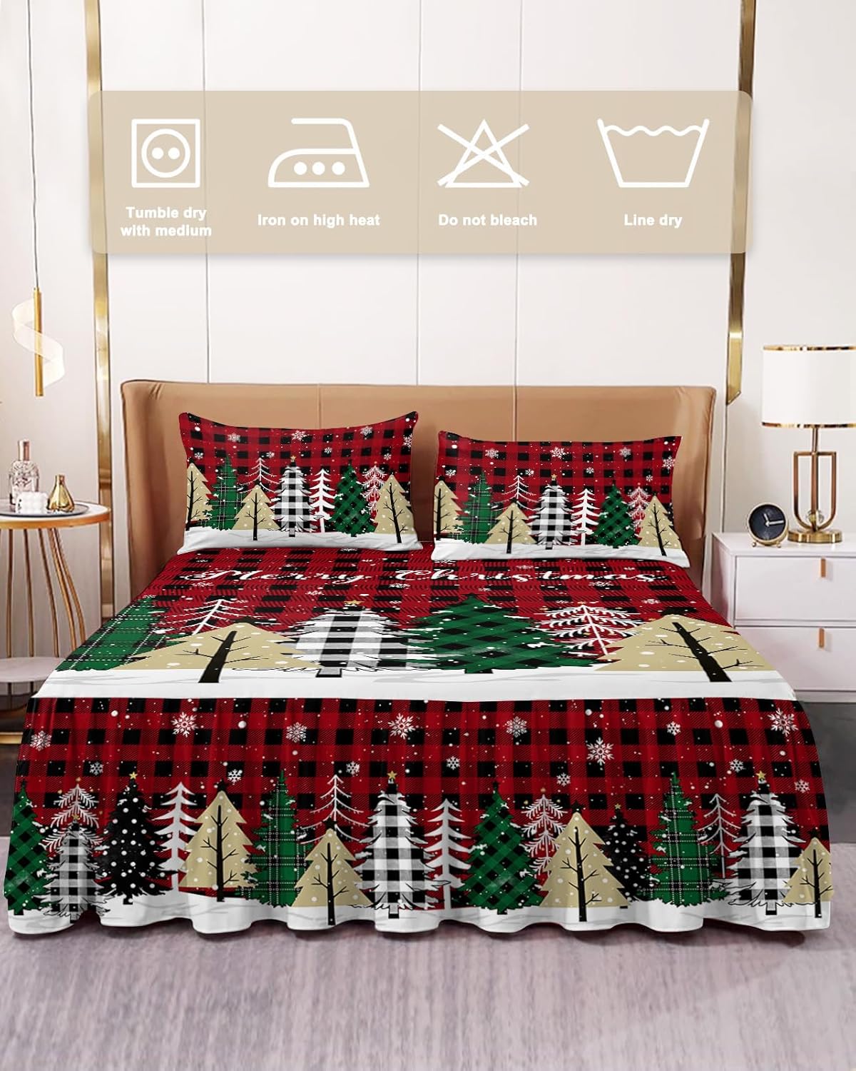 Faldas de cama plisadas envolventes de Navidad para cama King de 78 x 80 pulgadas, sábana decorativa con volantes y falda de cama de 18 pulgadas con