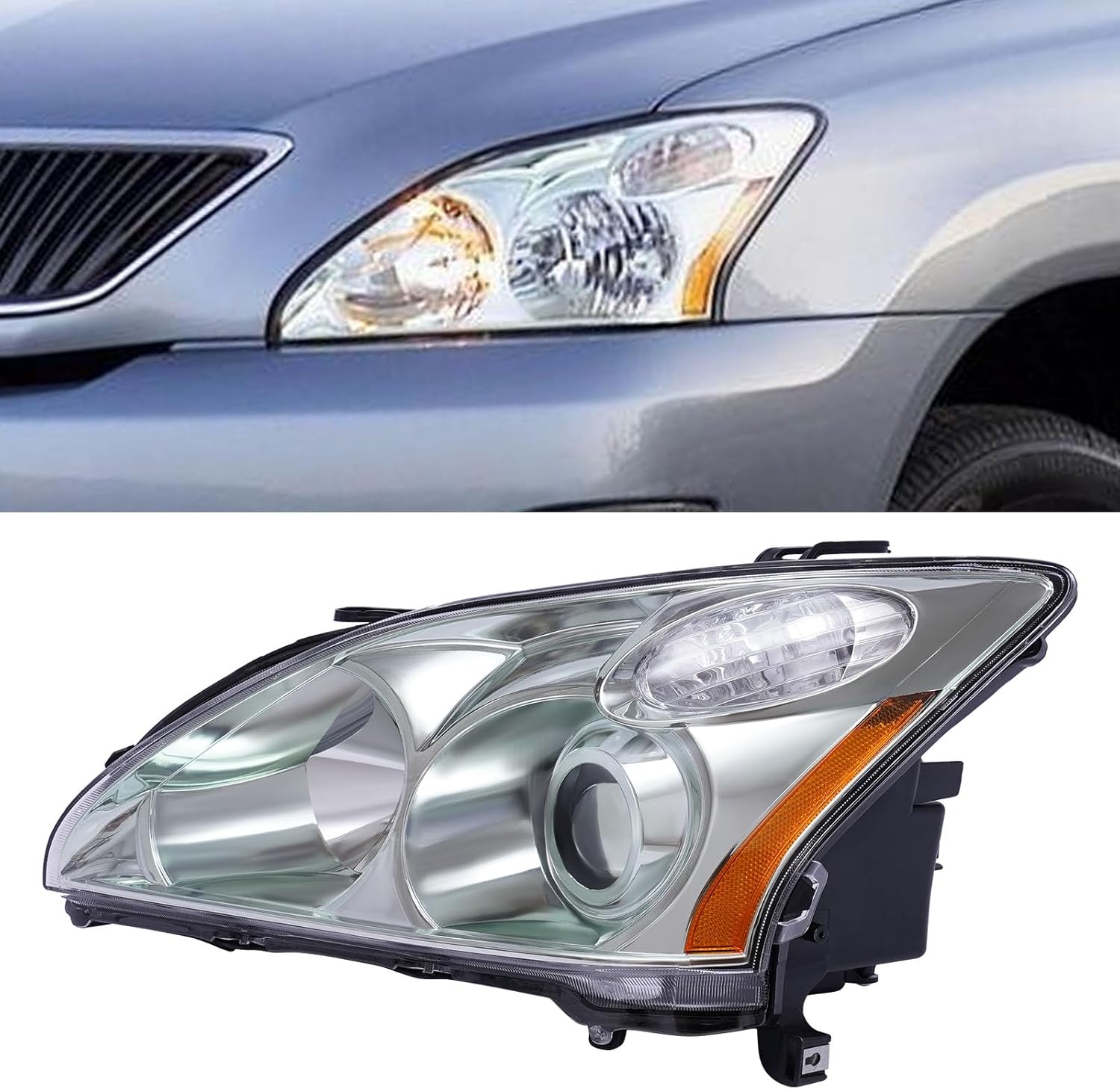 Faro delantero HID+ Conjunto de faros halógenos carcasa cromada con lente transparente compatible con Lexxuus RX330 RX350 RX400h 2004-2009 (lado