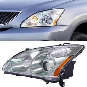 Faro delantero HID+ Conjunto de faros halógenos carcasa cromada con lente transparente compatible con Lexxuus RX330 RX350 RX400h 2004-2009 (lado Faro delantero HID+ Conjunto de faros halógenos carcasa cromada con lente transparente compatible con Lexxuus RX330 RX350 RX400h 2004-2009 (lado
