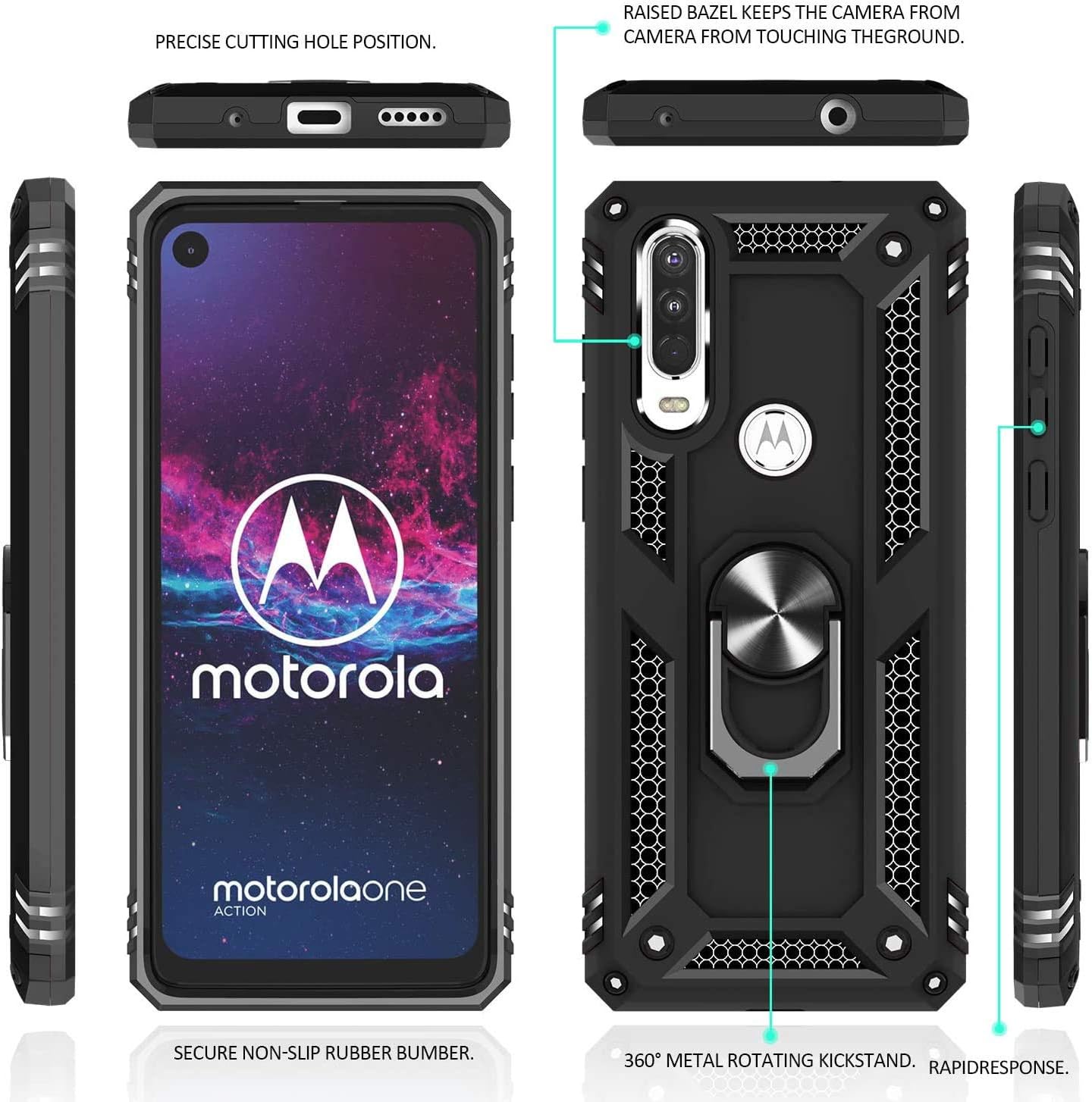 Funda para Motorola Moto P40 PowerMoto One Action, 360 grados con anillo giratorio con función atril híbrida resistente de doble capa a prueba de