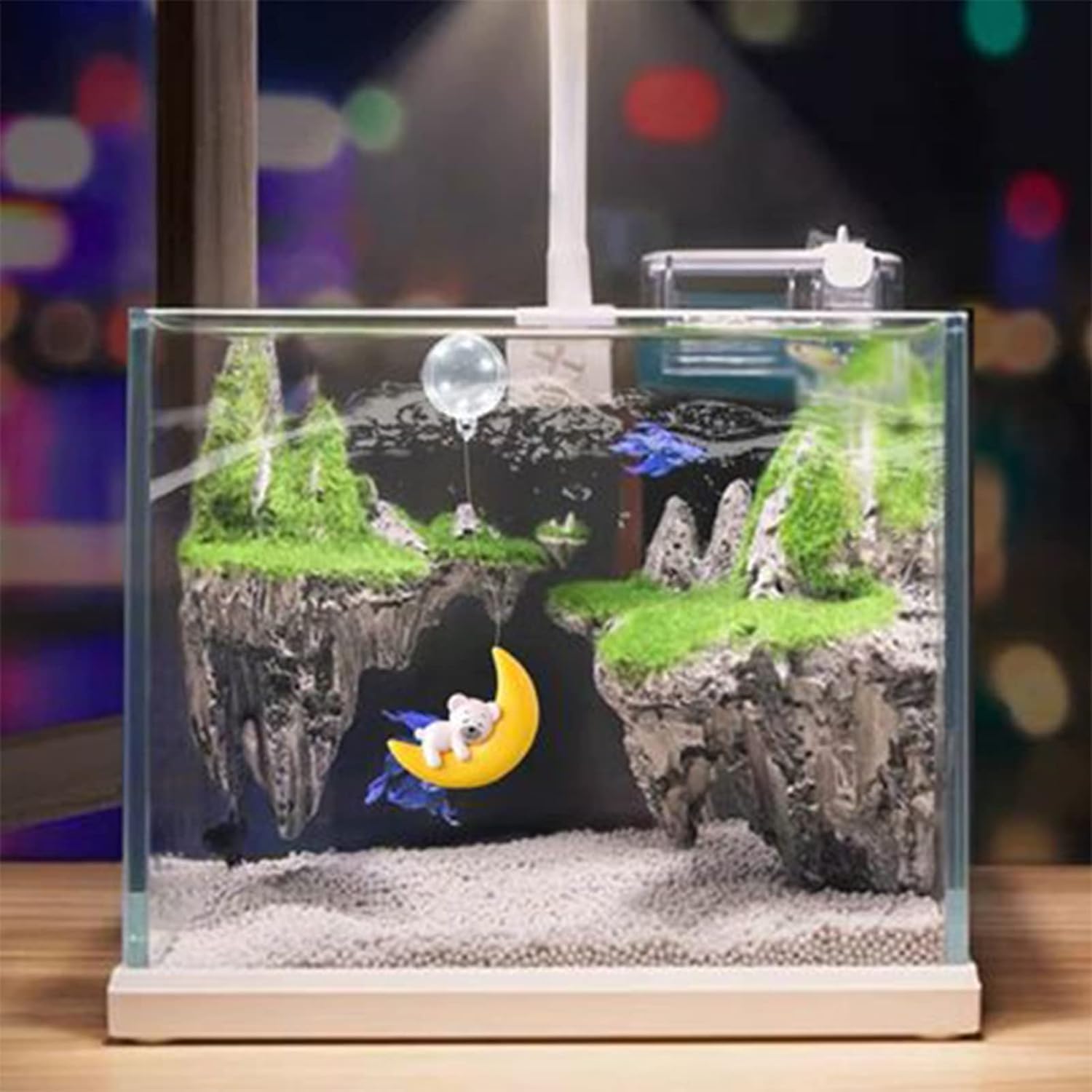 Naysku Decoraciones de peces para tanques, decoración flotante de conejo de oso lunar para acuario, adornos decorativos para paisajismo, dispositivo