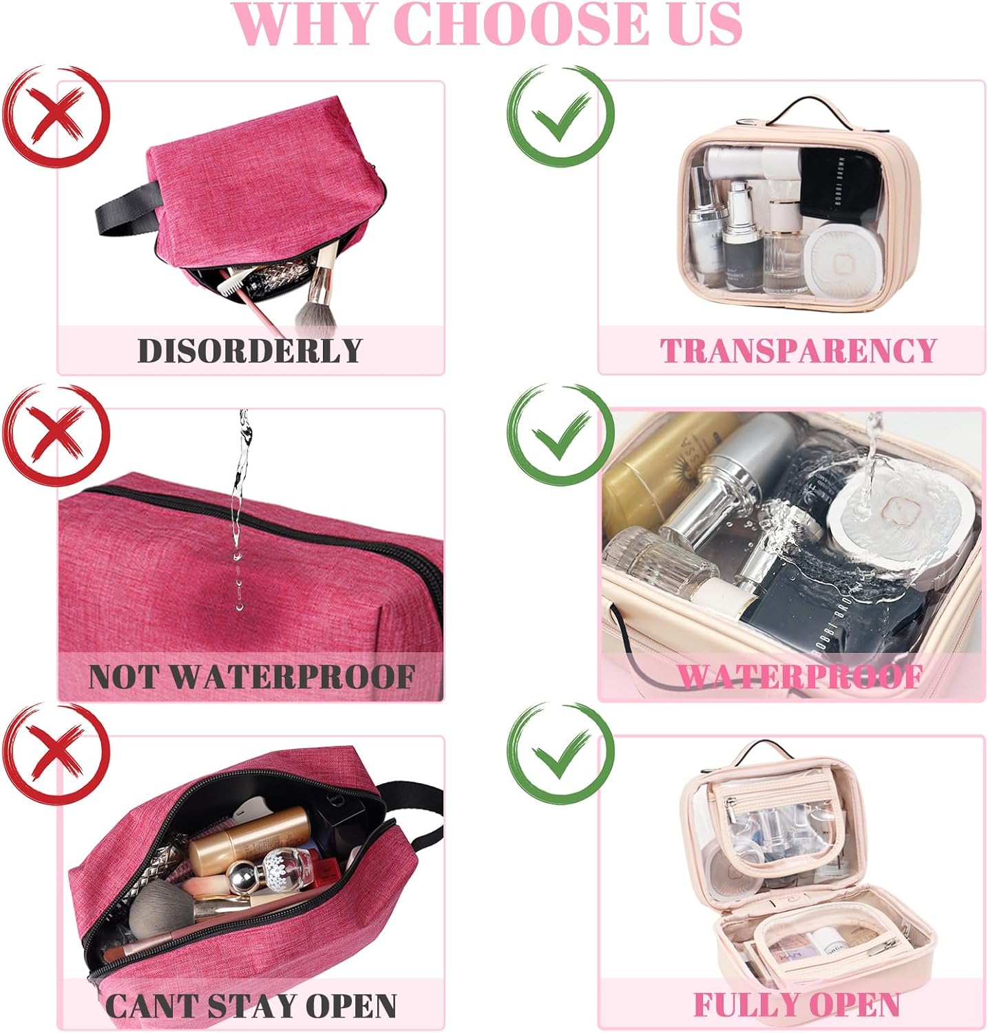 Neceser de viaje, bolsa de maquillaje transparente de doble cara, organizador de cosméticos de maquillaje, bolsa de aseo transparente impermeable