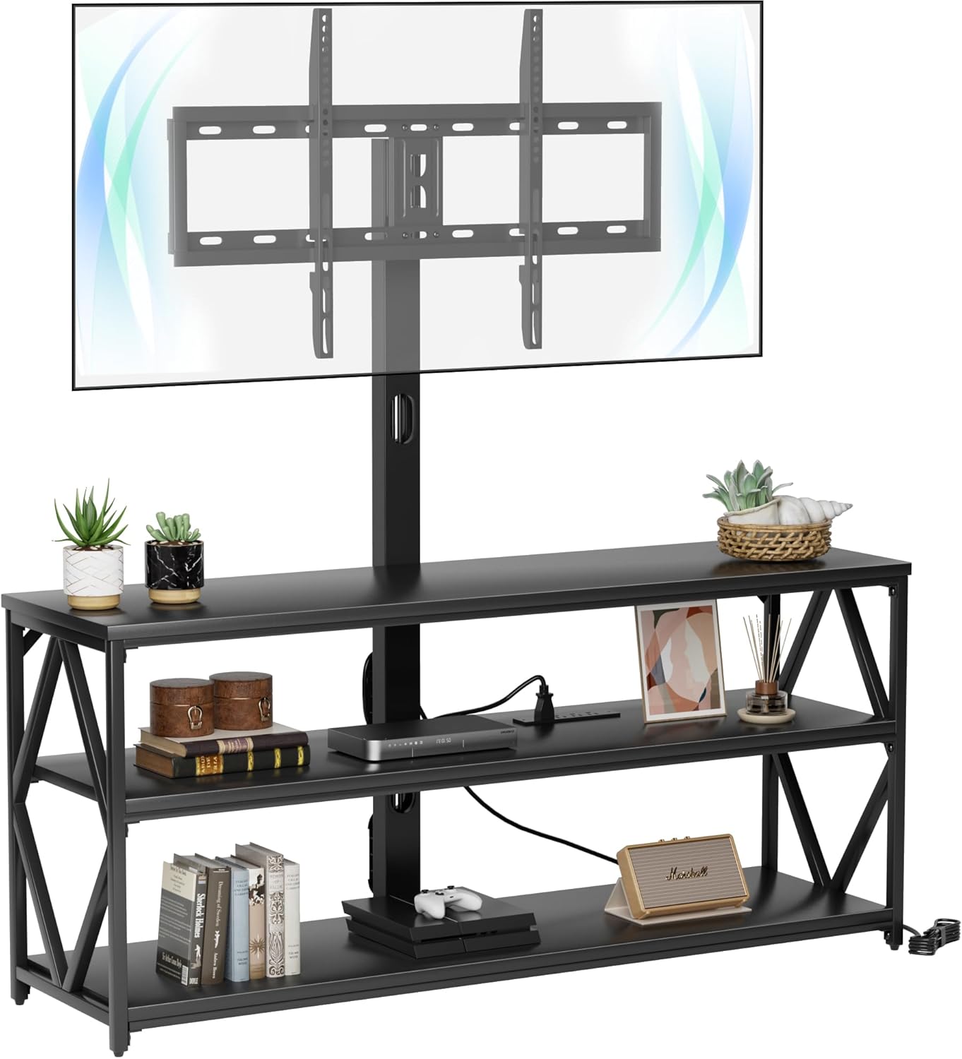 Furmax Soporte de TV con soporte y toma de corriente, soporte giratorio universal de altura ajustable para televisores de hasta 75 pulgadas, centro