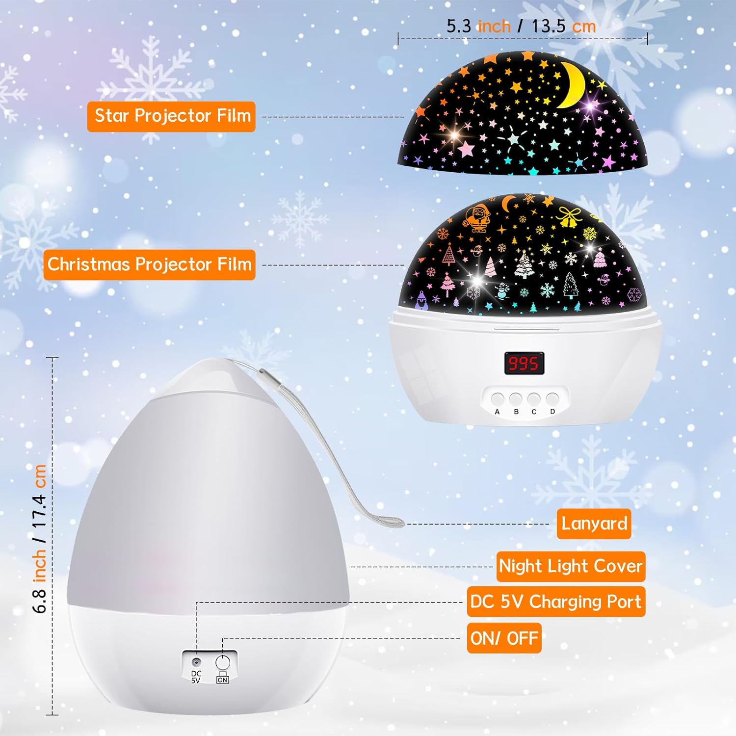 Proyector de luz nocturna de estrellas para interiores, proyector de copo de nieve para dormitorio de niños, lámpara nocturna giratoria de 360