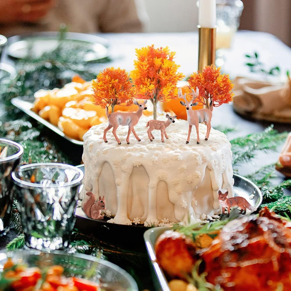Kit de 10 figuras de animales del bosque, 5 ciervos artificiales de bosque, 5 árboles de arce en miniatura mixtos para decoración de pasteles de