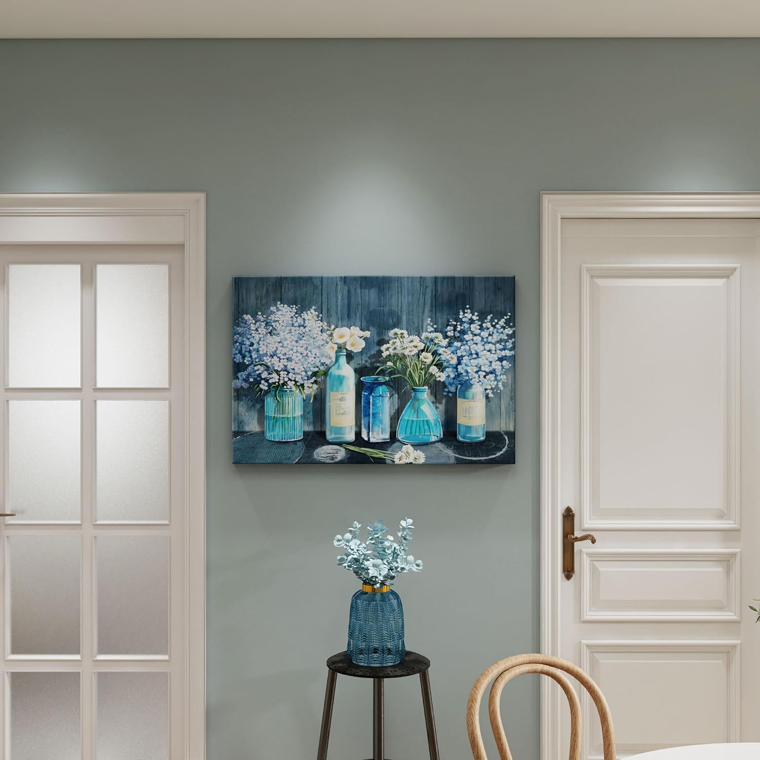 HKDGOKA Lienzo decorativo de pared para dormitorio, flor blanca en botella azul, cuadros para sala de estar, galería moderna, lienzo estirado de 16