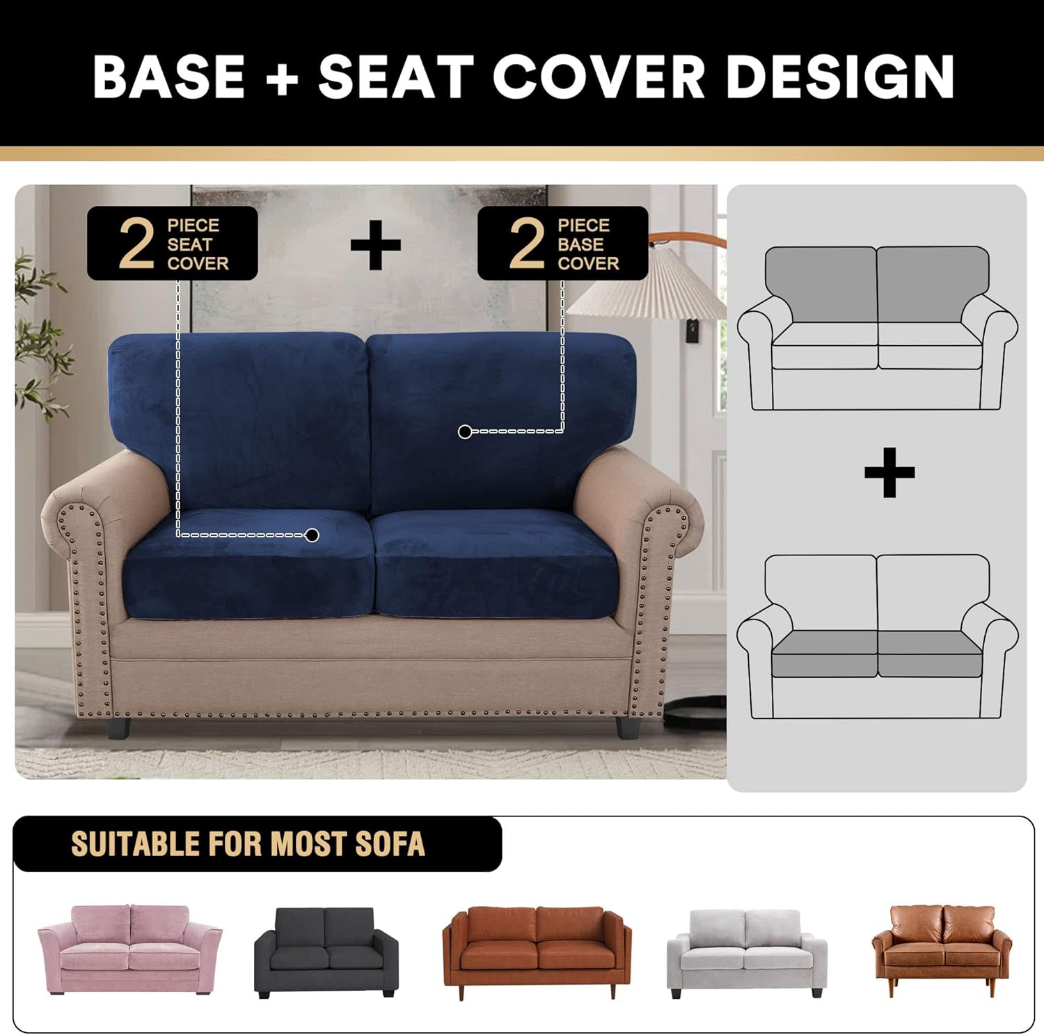 PrinceDeco Funda de sofá de 4 piezas de terciopelo suave para sofá de dos plazas (2 fundas de asiento más 2 fundas de respaldo con cusión),