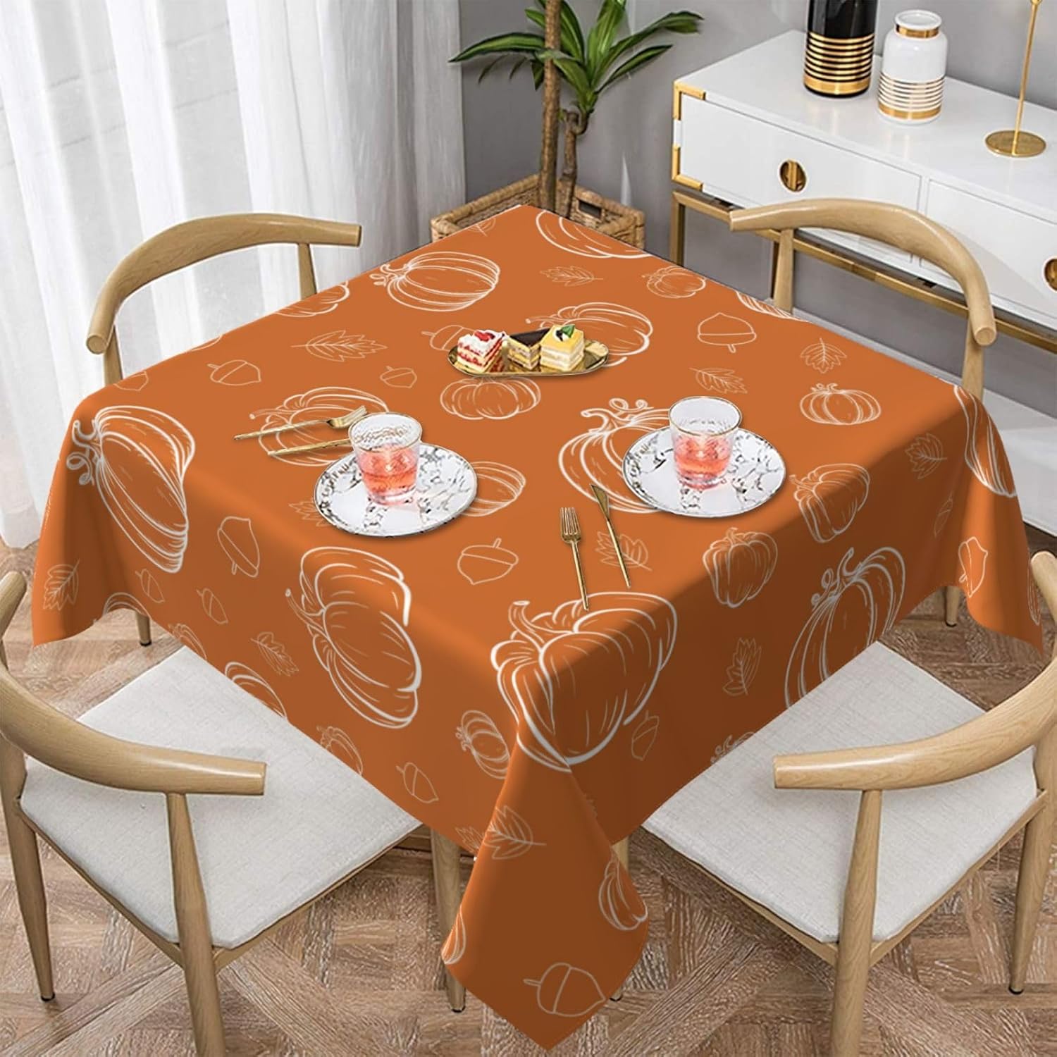 AGAYNA Mantel cuadrado de otoño de 54 x 54 pulgadas, calabazas blancas naranja quemado, mantel de poliéster resistente a las manchas, mantel de