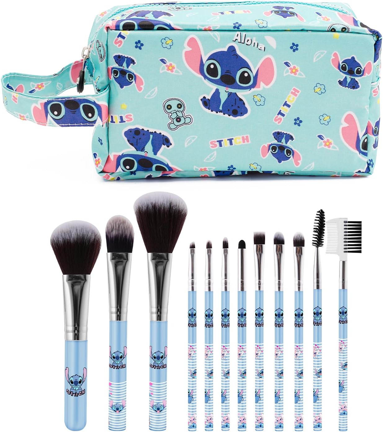 Bolsa de maquillaje de puntada con brocha de maquillaje, estuche de cosméticos de felpa para puntadas, 12 piezas, bolsa de capacidad para brochas de