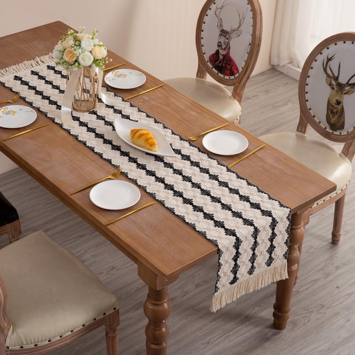 Camino de mesa, moderno camino de mesa de granja, camino de mesa a rayas negras y beige para mesa de comedor rústica bohemia (negrorombosB12x60)