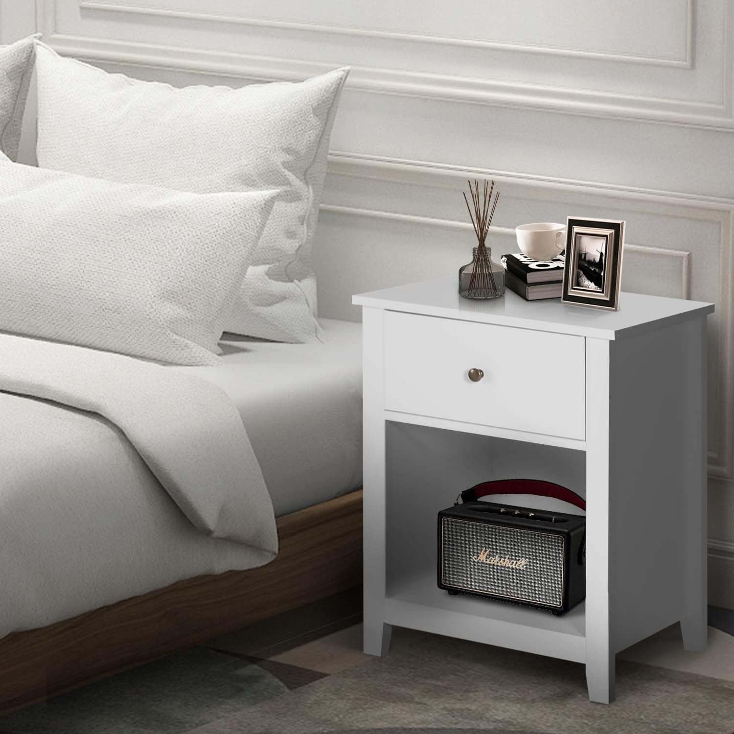 Mesita de noche para dormitorio, juego de 2 mesitas de noche blancas con cajón de almacenamiento y estante abierto, mesita de noche moderna para