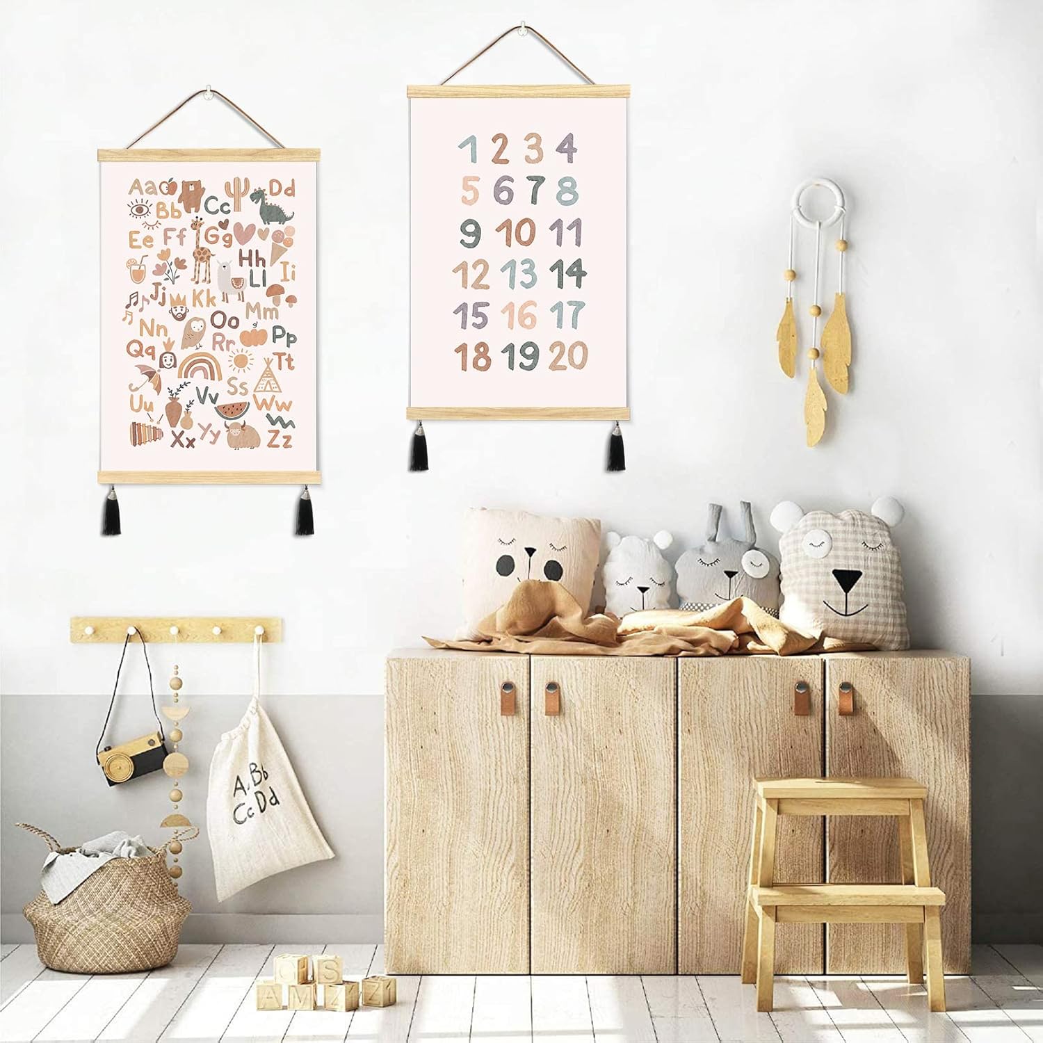 Póster de números Abc para niños pequeños, ganchos magnéticos para pósteres, lienzo enmarcado de madera, 2 juegos de 16 x 24 pulgadas, alfabeto para